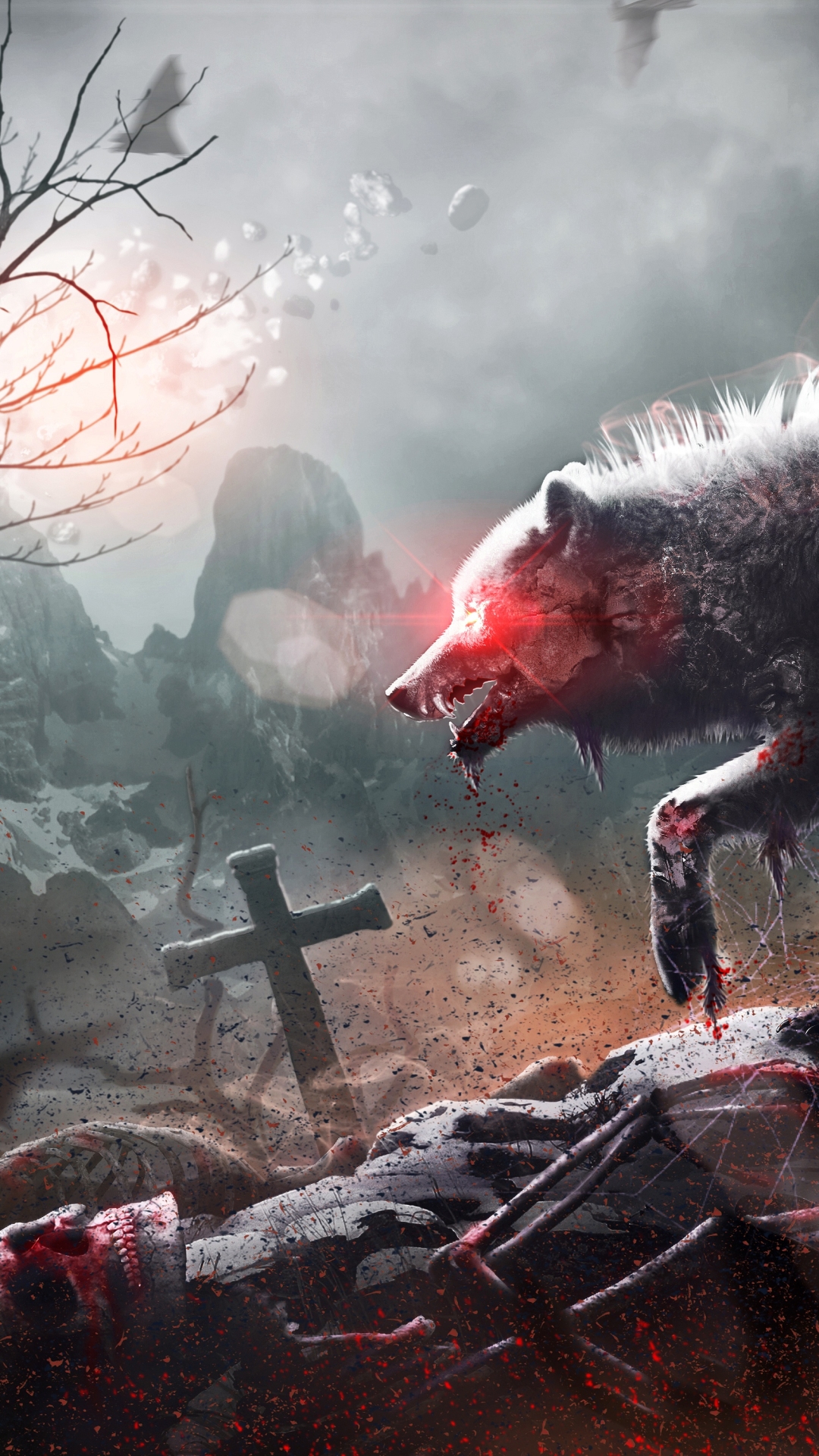 Download mobile wallpaper Blood, Dark, Wolf, Skull, Cross, Zombie for free.