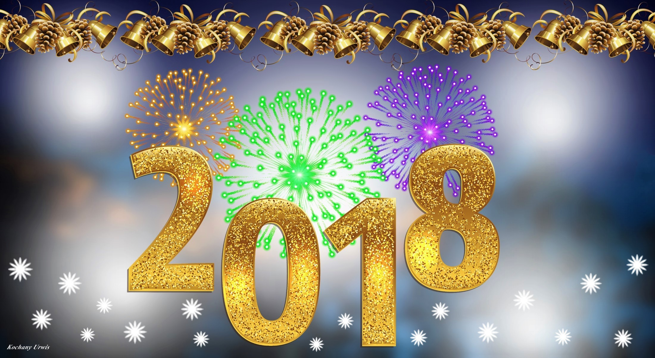 Free download wallpaper New Year, Holiday, Fireworks, Bell, New Year 2018 on your PC desktop