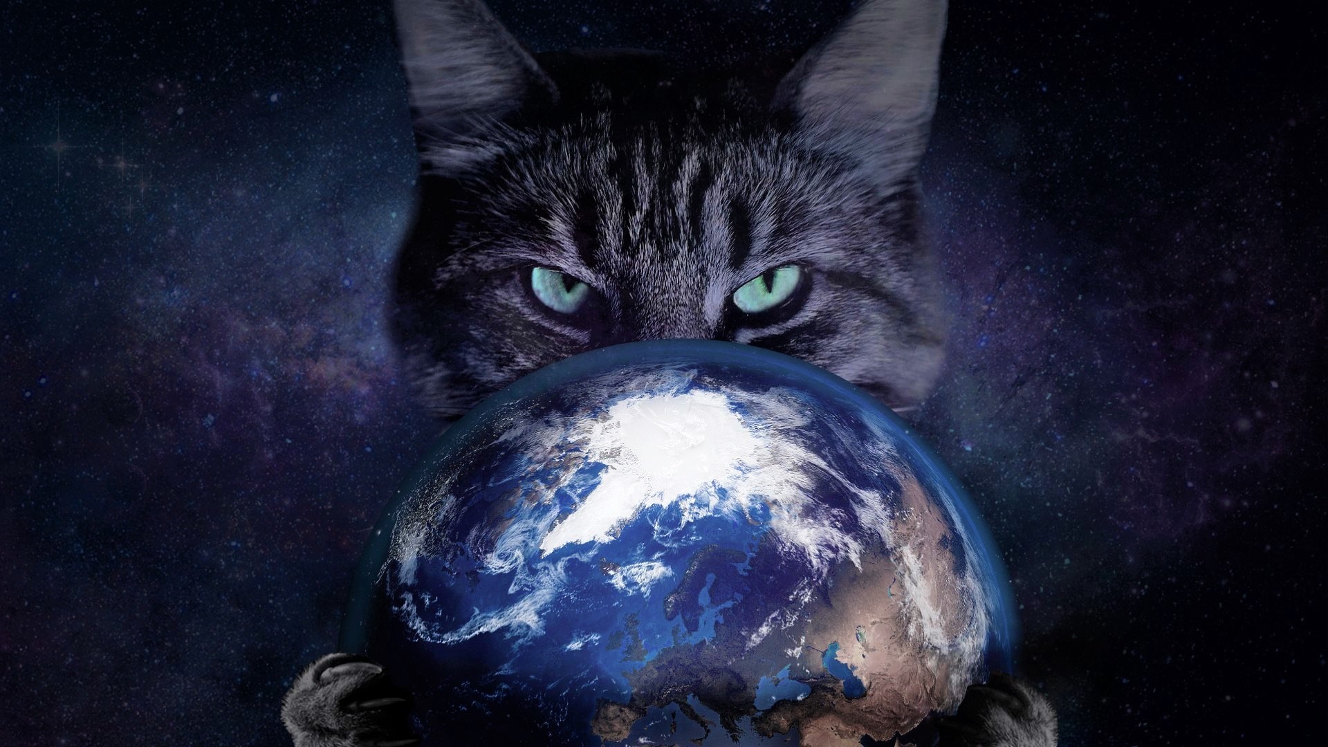 Download mobile wallpaper Cat, Earth, Planet, Photoshop, Photography, Manipulation for free.