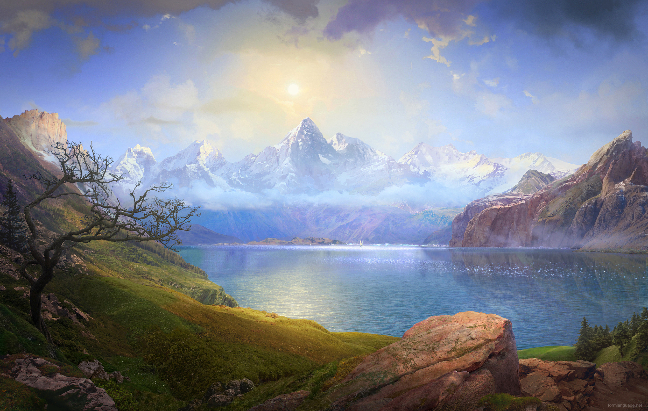 Download mobile wallpaper Landscape, Mountains, Sun, Moon, Mountain, Lake, Fog, Earth, Cloud for free.