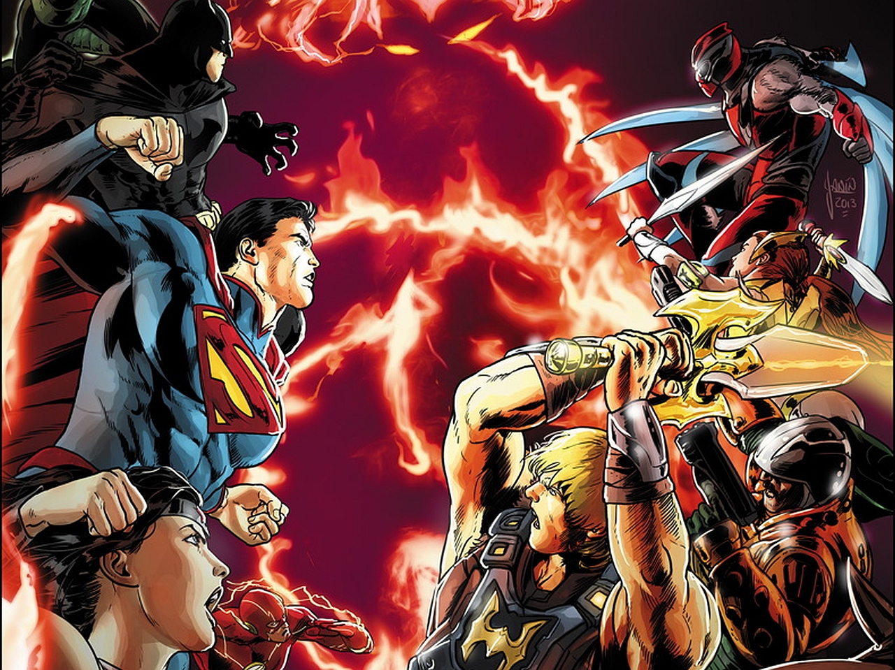 comics, dc universe vs the master of the universe, batman, flash, he man, superman, wonder woman