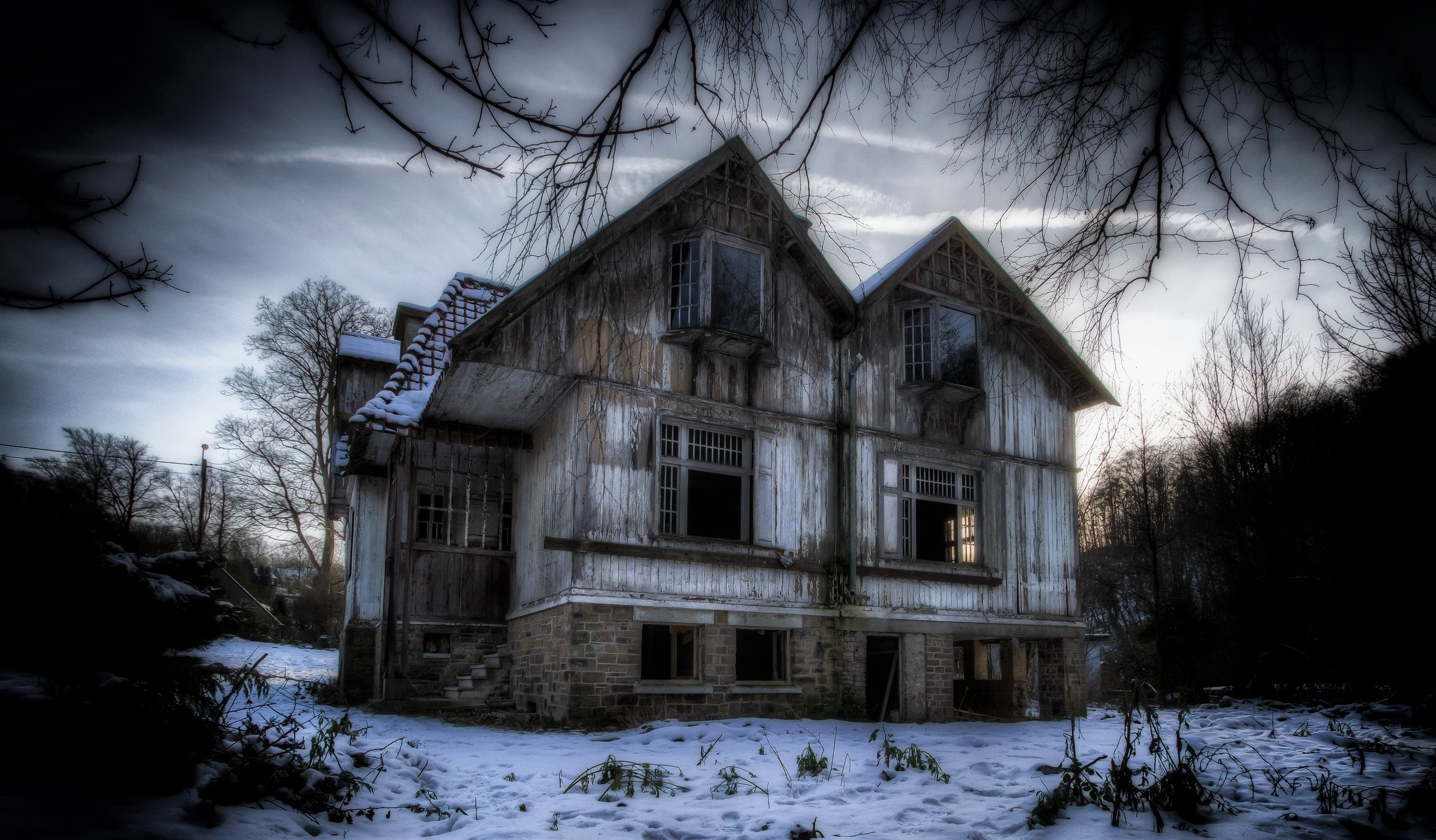 Download mobile wallpaper Winter, Dark, House, Abandoned, Man Made for free.