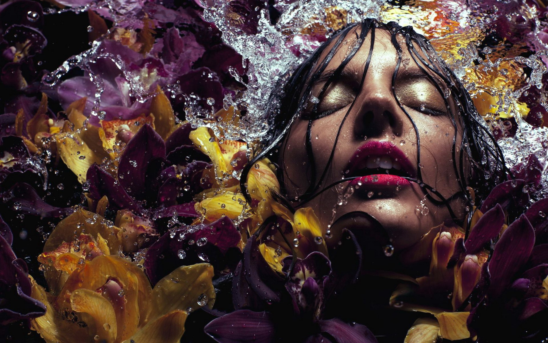 Laden Sie das Wasser, Blume, Gesicht, Orchidee, Frauen, Lippenstift-Bild kostenlos auf Ihren PC-Desktop herunter