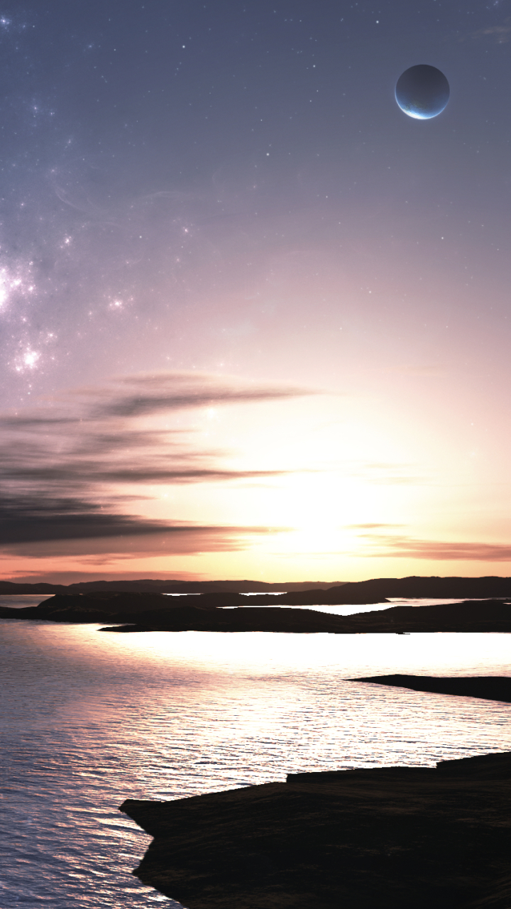 Download mobile wallpaper Landscape, Sunset, Ocean, Space, Sci Fi for free.