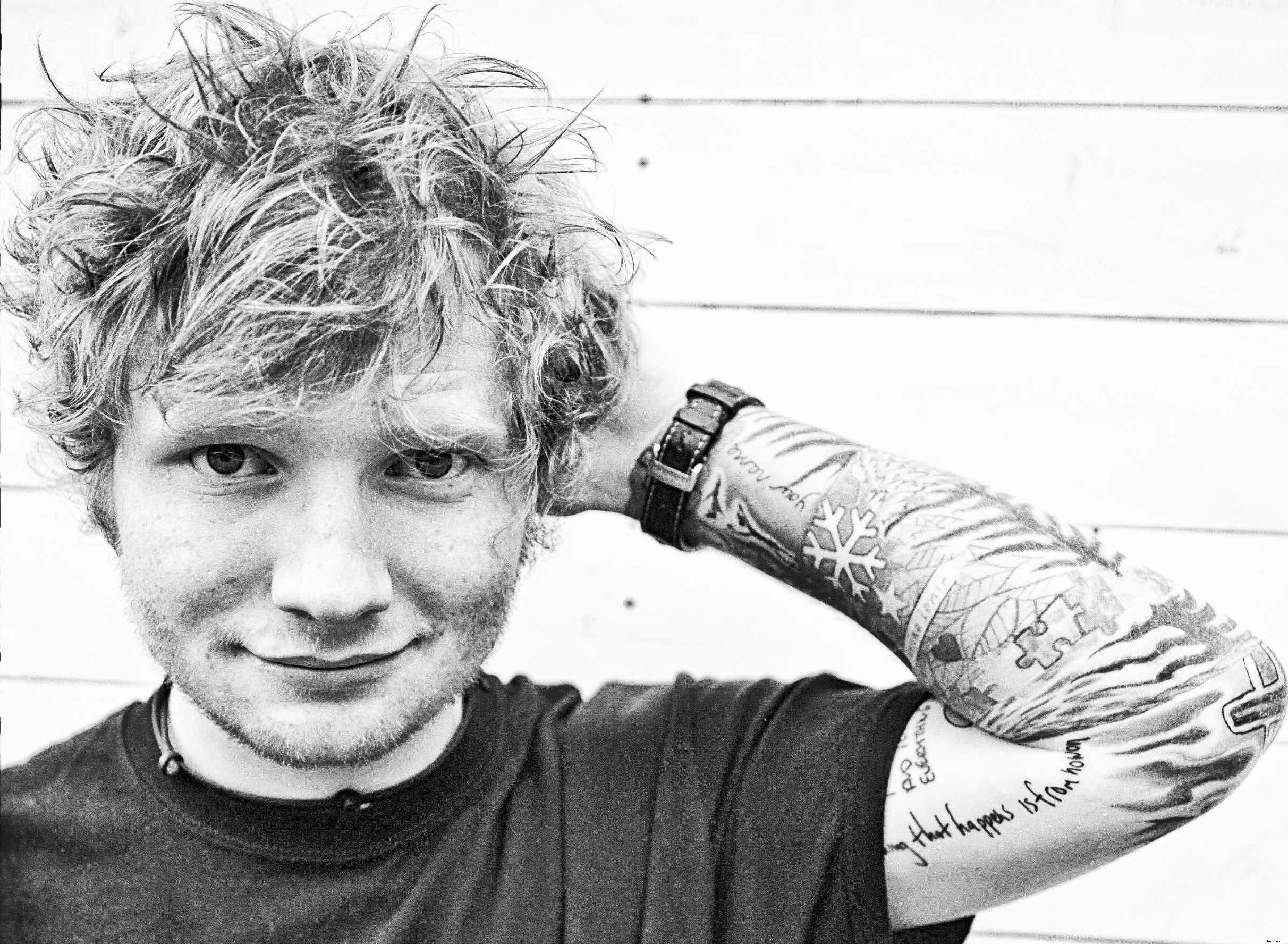 Laden Sie das Musik, Tätowierung, Sänger, Englisch, Schwarz Weiß, Ed Sheeran-Bild kostenlos auf Ihren PC-Desktop herunter
