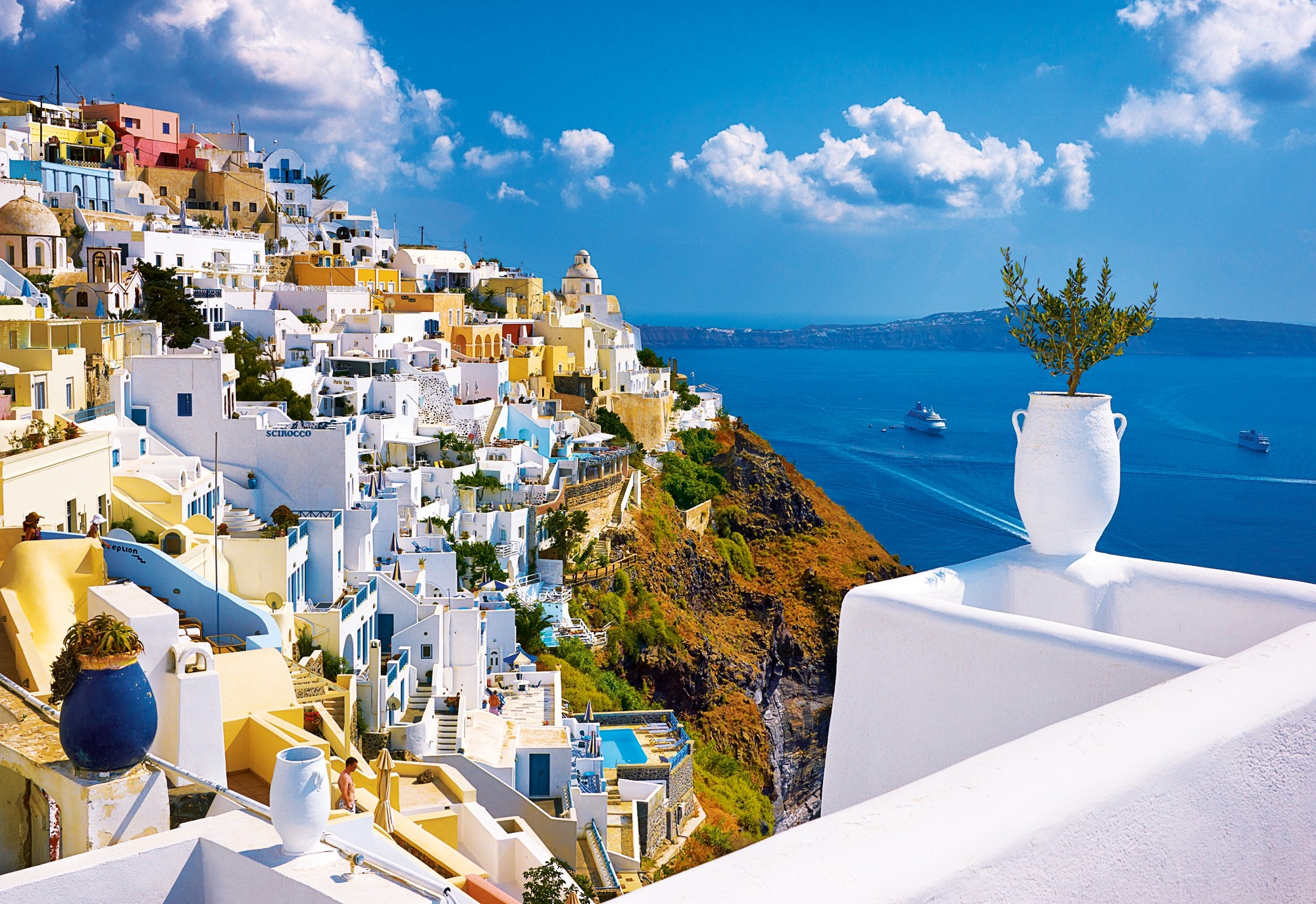 Handy-Wallpaper Städte, Ozean, Haus, Dorf, Griechenland, Santorin, Meer, Menschengemacht kostenlos herunterladen.