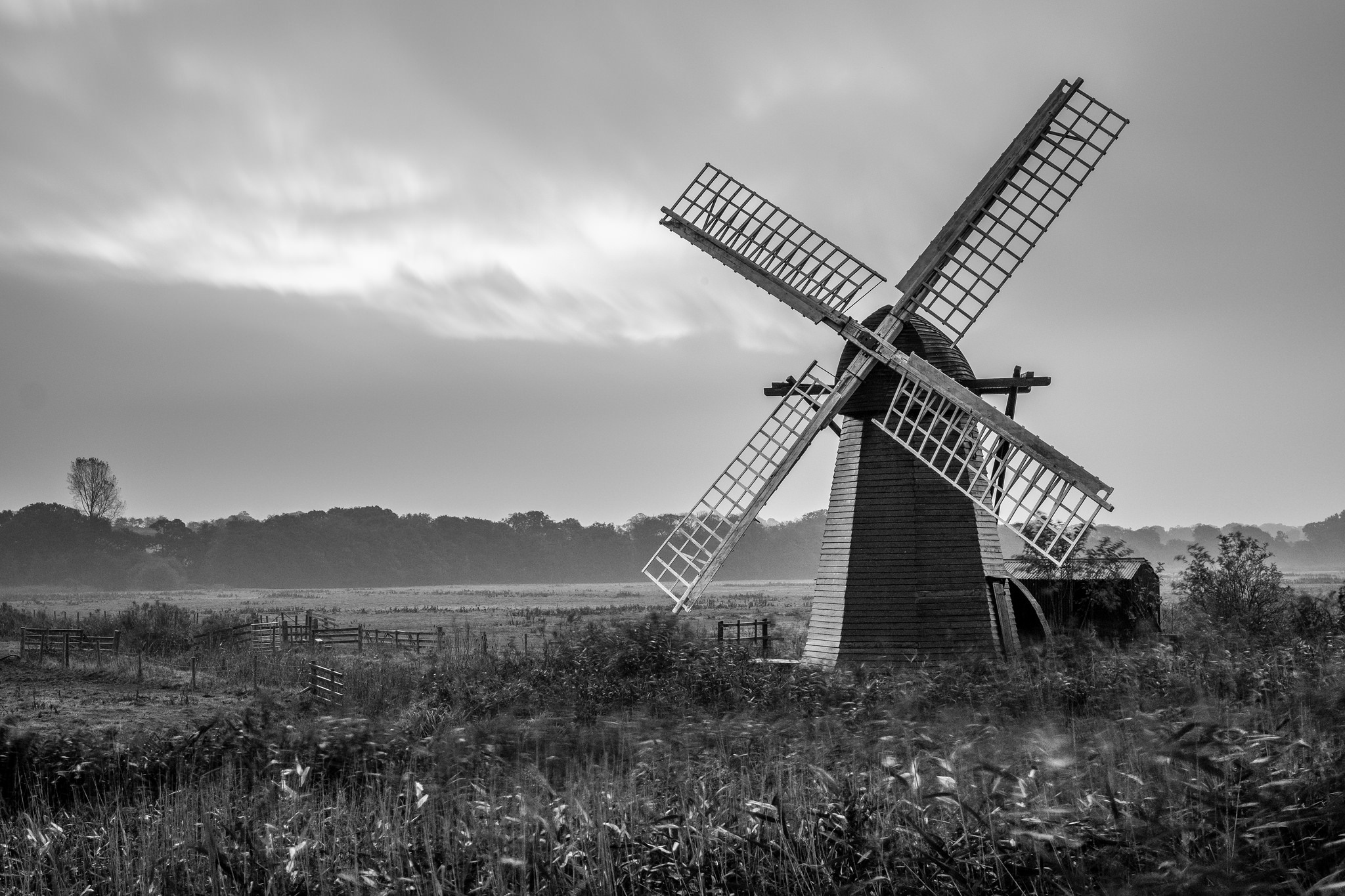 Download mobile wallpaper Field, Windmill, Man Made, Black & White for free.