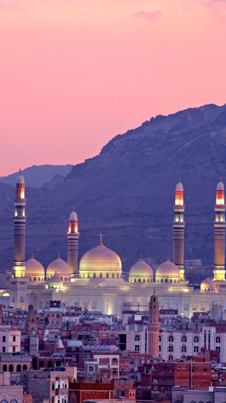 無料モバイル壁紙都市, 日没, マンメイド, サナア, イエメン, アル サーレ モスクをダウンロードします。