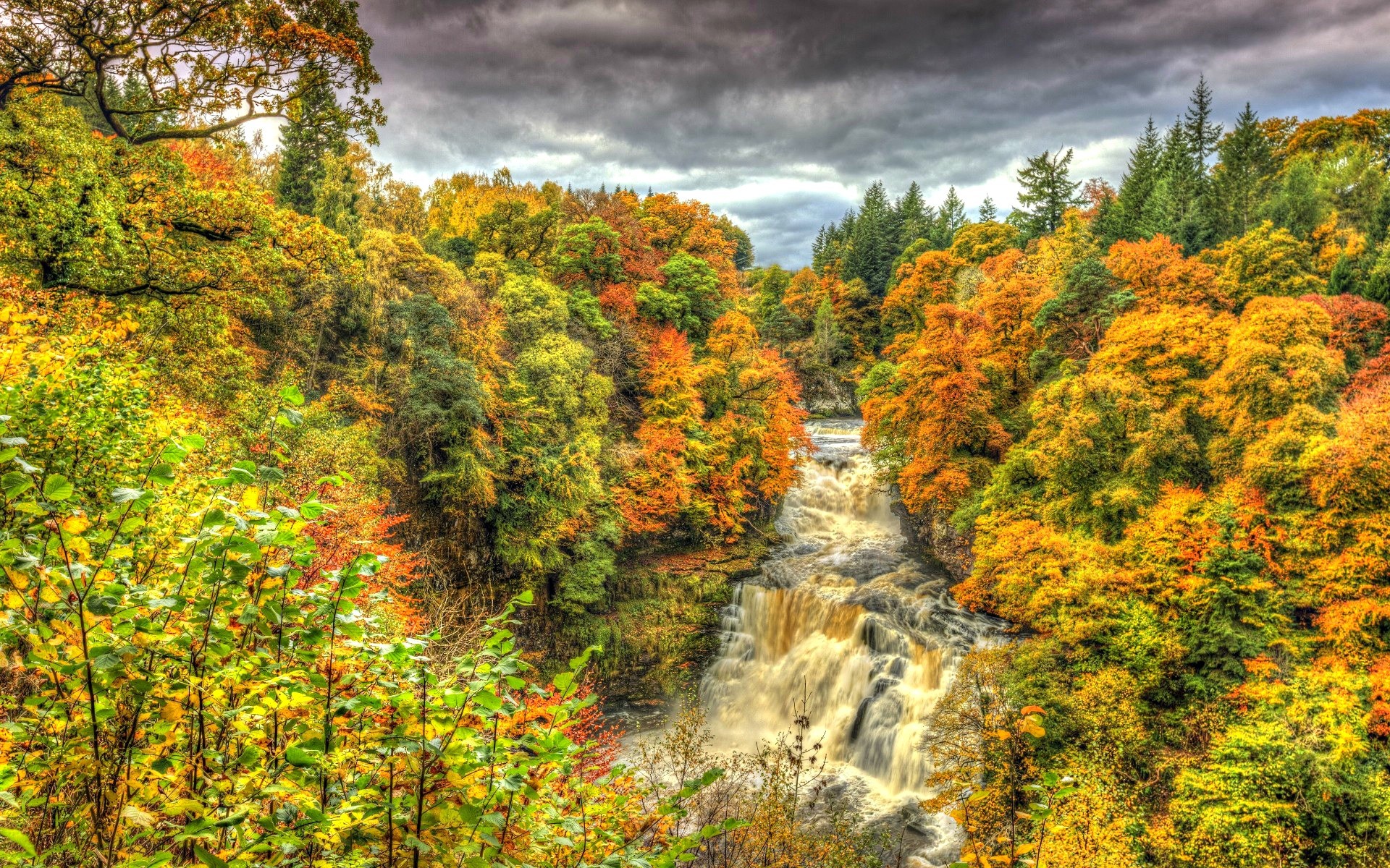 Download mobile wallpaper Waterfalls, Waterfall, Forest, Tree, Fall, Earth, Stream, Hdr for free.