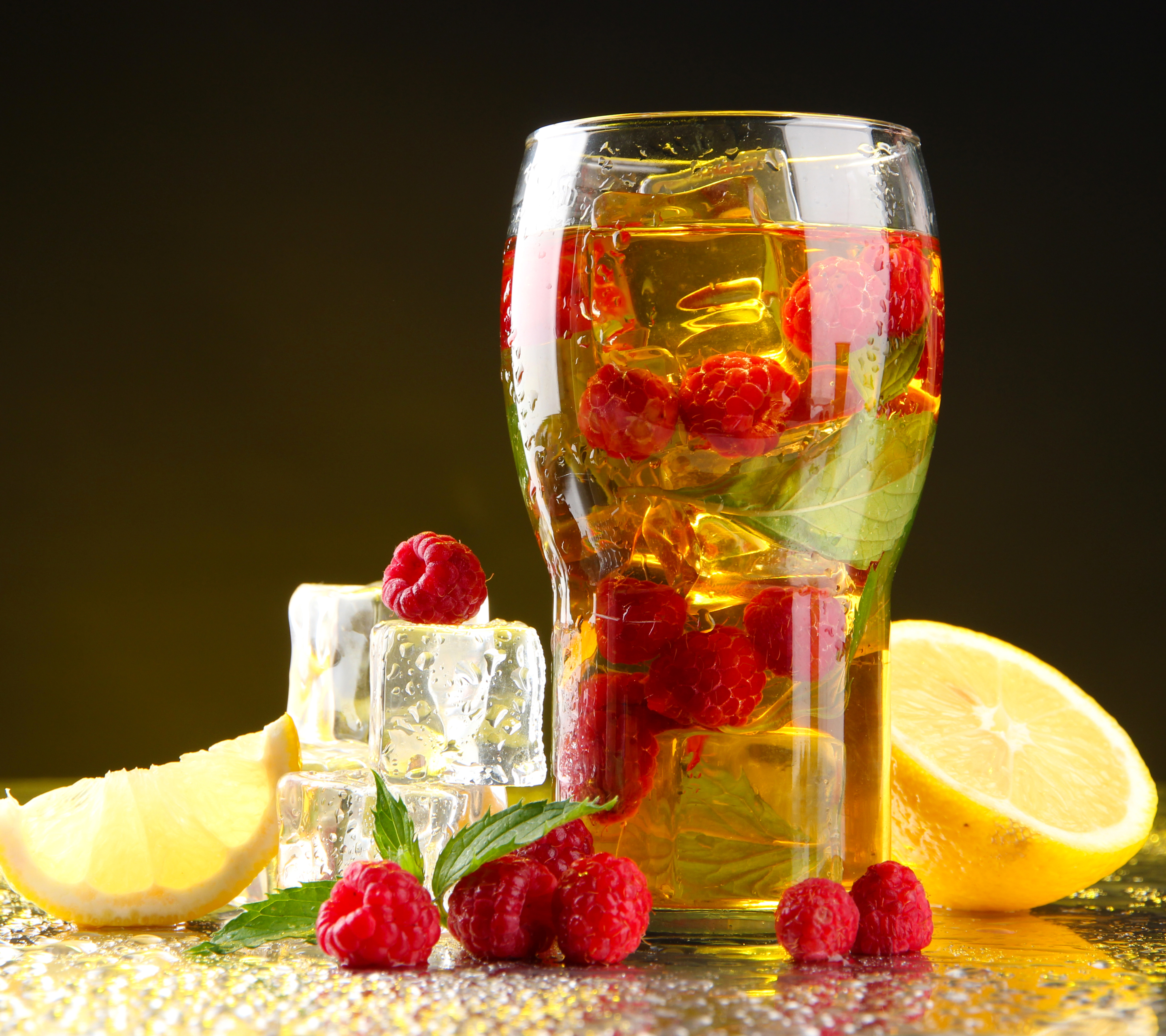 Download mobile wallpaper Food, Raspberry, Glass, Lemon, Fruit, Drink, Ice Cube for free.