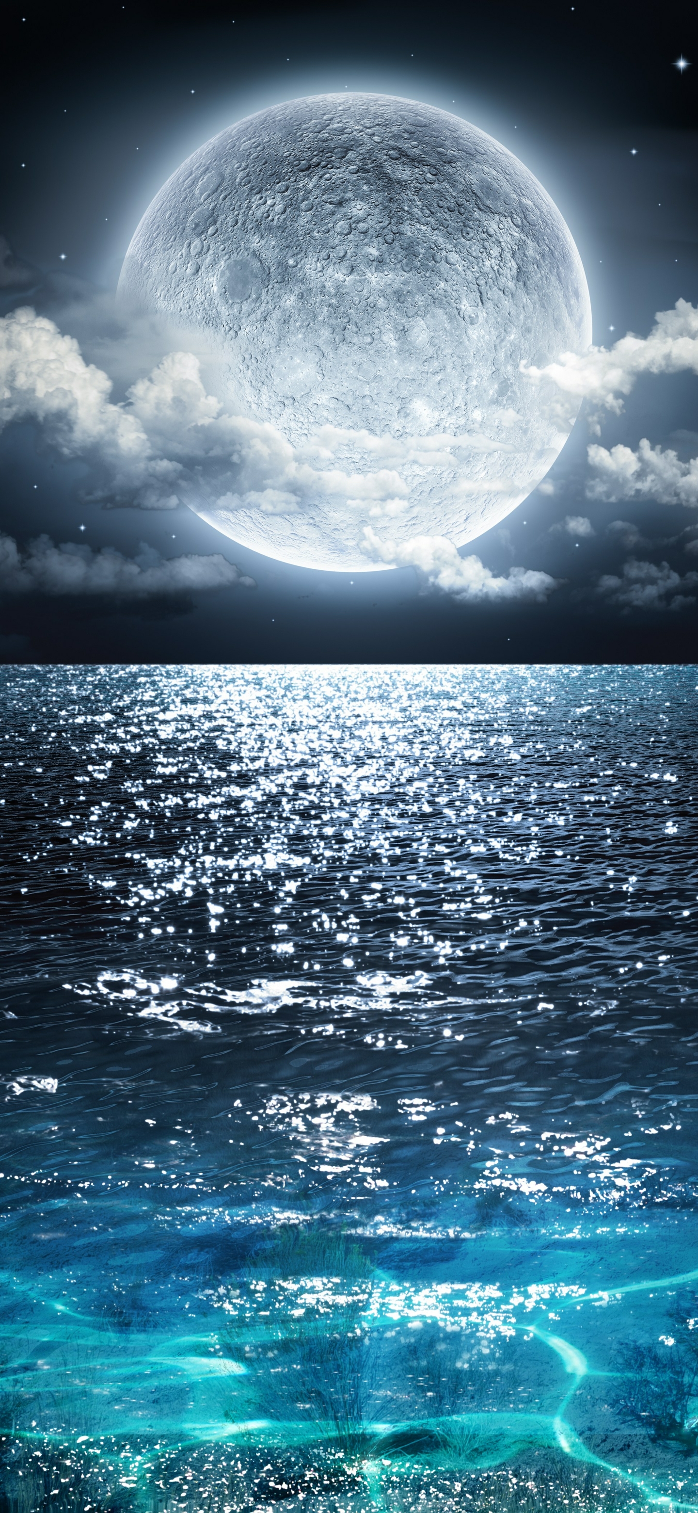 Download mobile wallpaper Sea, Night, Moon, Ocean, Earth, Cloud for free.