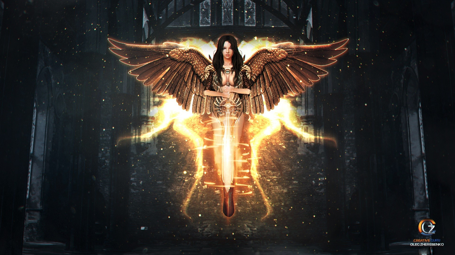 Laden Sie das Fantasie, Engel, Licht, Flügel, Schwert, Braune Haare, Engelskrieger-Bild kostenlos auf Ihren PC-Desktop herunter