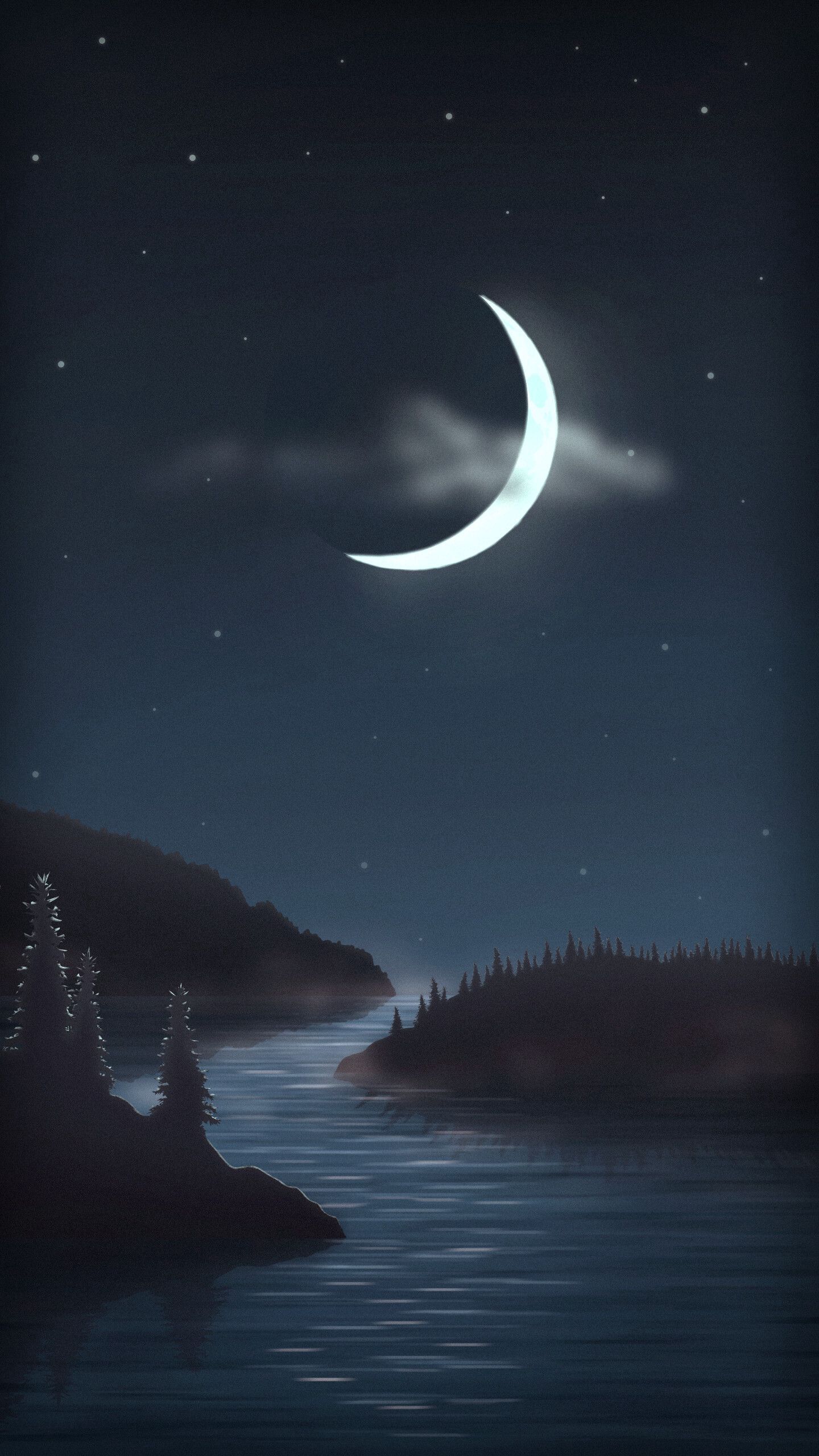 Скачать обои бесплатно Ночь, Лес, Вода, Луна, Арт картинка на рабочий стол ПК