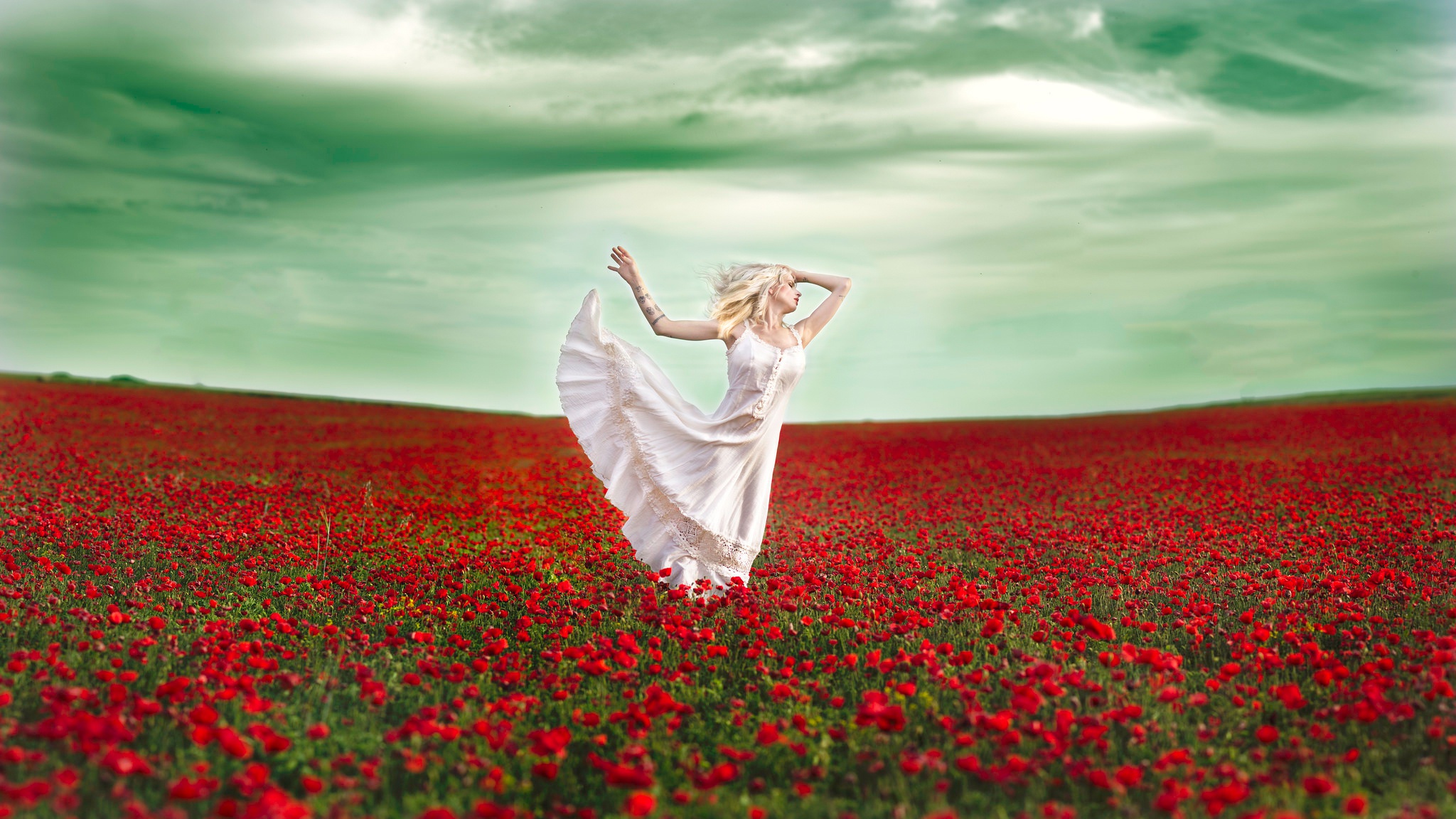 Download mobile wallpaper Summer, Flower, Field, Mood, Blonde, Poppy, Model, Women, Red Flower, White Dress for free.