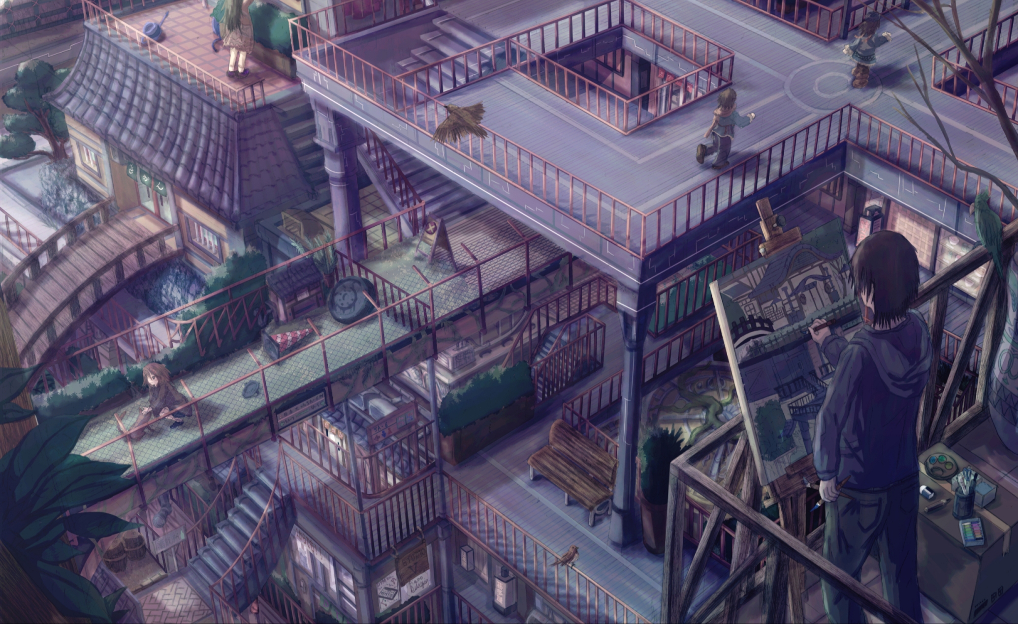 Free download wallpaper Anime, People, City, Bridge, Stairs, Original on your PC desktop