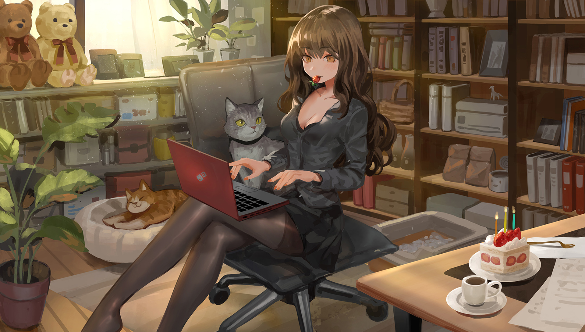 Laden Sie das Mädchen, Katze, Zimmer, Animes-Bild kostenlos auf Ihren PC-Desktop herunter
