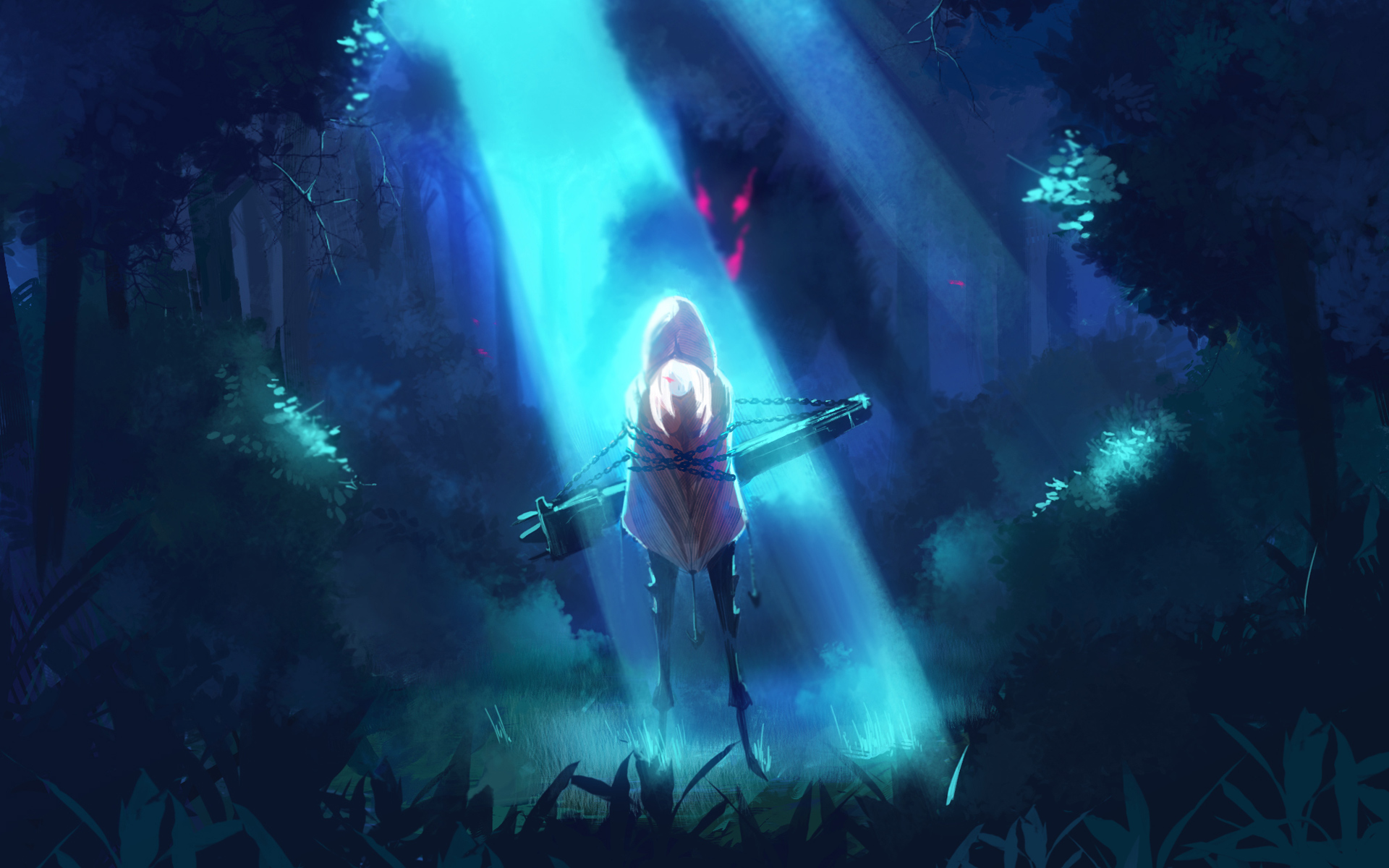 Laden Sie das Licht, Wald, Wolf, Nacht, Original, Animes-Bild kostenlos auf Ihren PC-Desktop herunter
