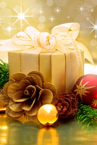 Handy-Wallpaper Feiertage, Weihnachten, Geschenk, Weihnachtsschmuck, Ferien, Tannenzapfen, Feiertag, Funkeln kostenlos herunterladen.