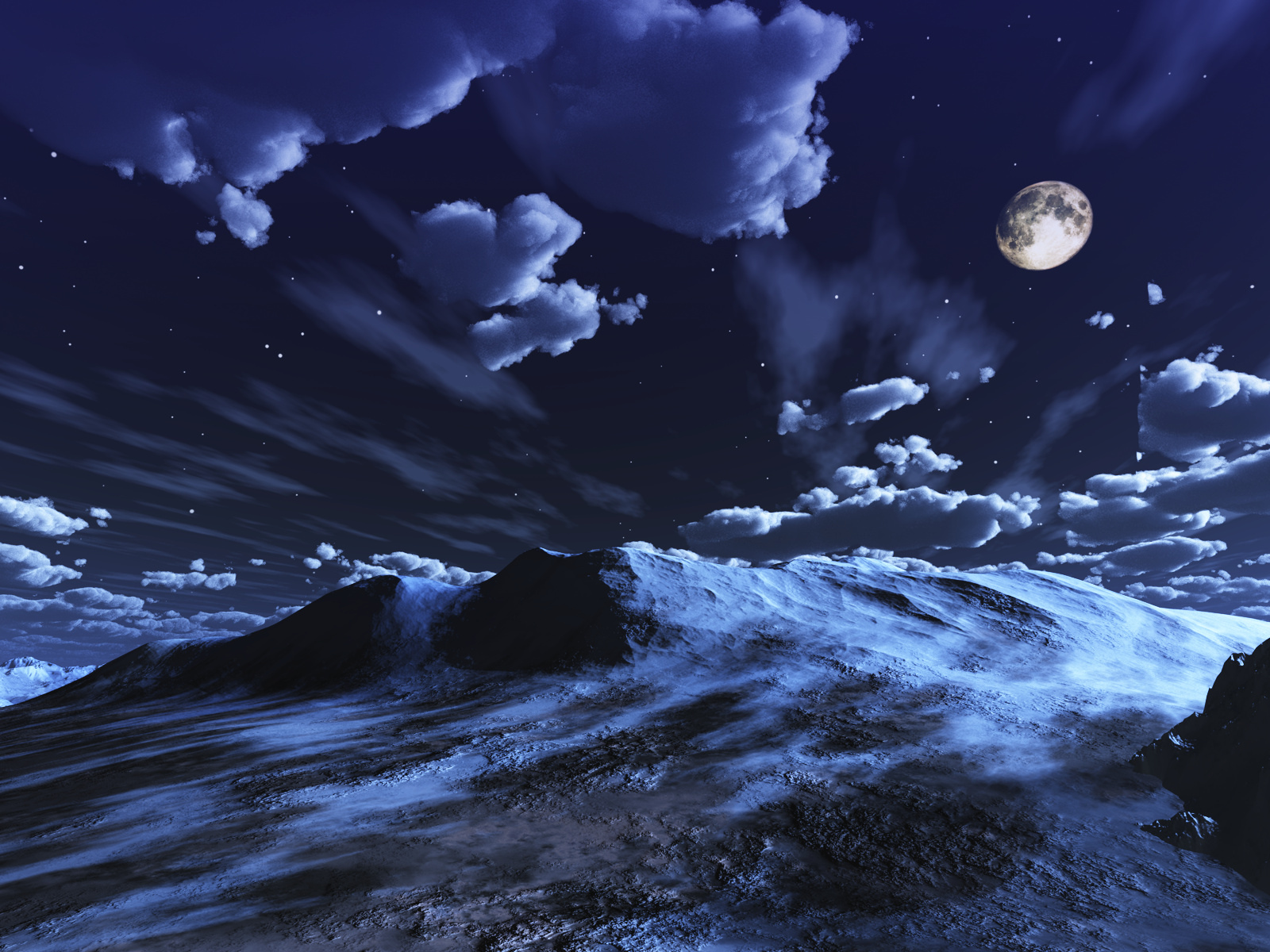 Download mobile wallpaper Landscape, Stars, Night, Moon, Mountain, Sci Fi, Cloud for free.