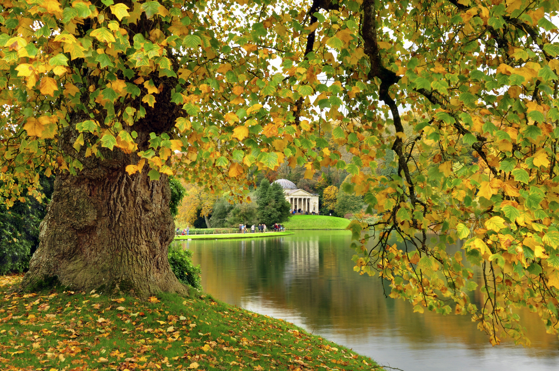 Download mobile wallpaper Park, Tree, Fall, Earth, River, Photography, England, Stourhead for free.