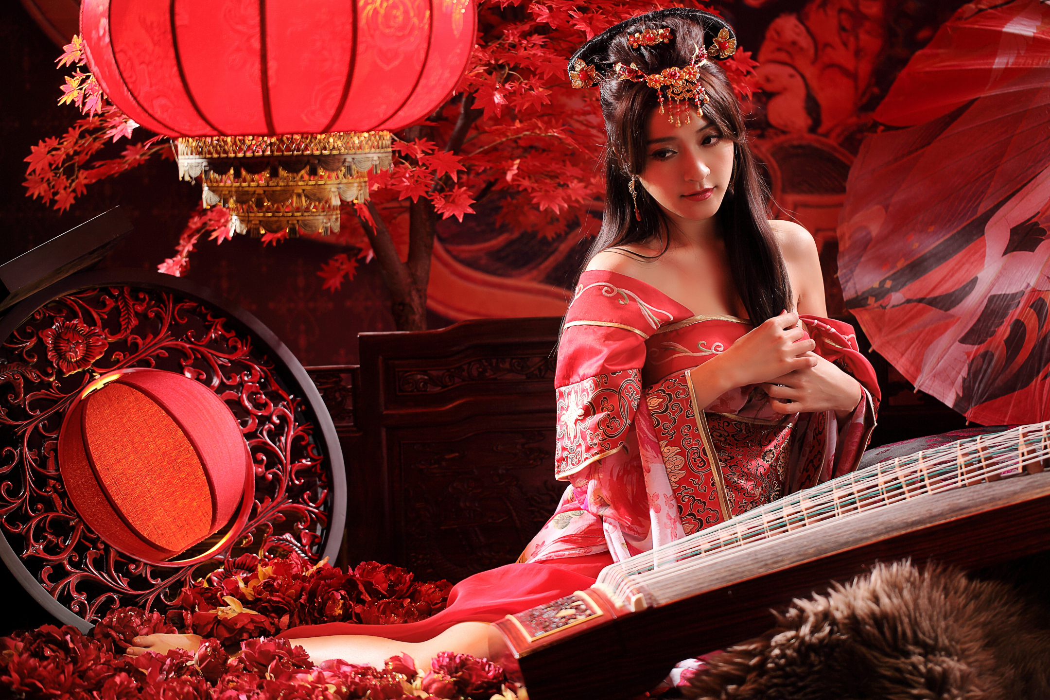 Download mobile wallpaper Rose, Lantern, Women, Asian, Instrument, Taiwanese, Traditional Costume, Hair Dress for free.