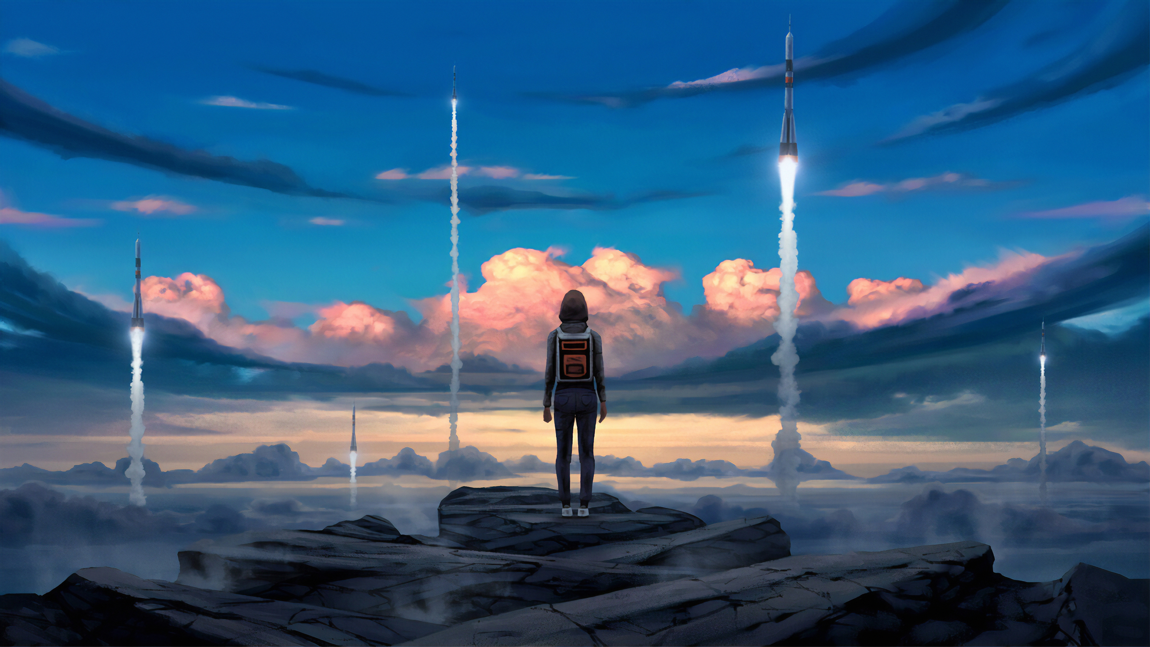 Free download wallpaper Landscape, Sky, Rocket, Sci Fi, Cloud, Women on your PC desktop