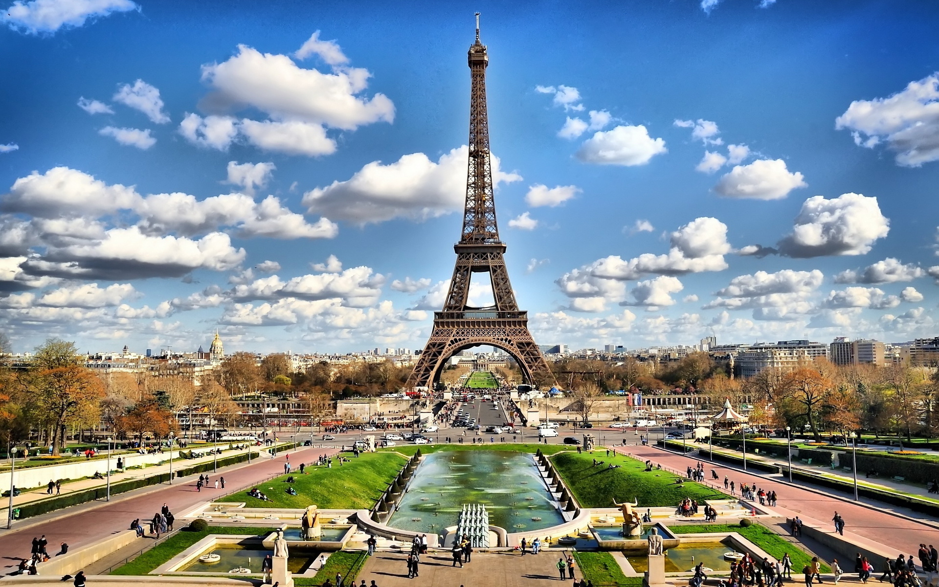 Download mobile wallpaper Sky, Paris, Eiffel Tower, Monuments, Park, France, Cityscape, Cloud, Monument, Man Made for free.