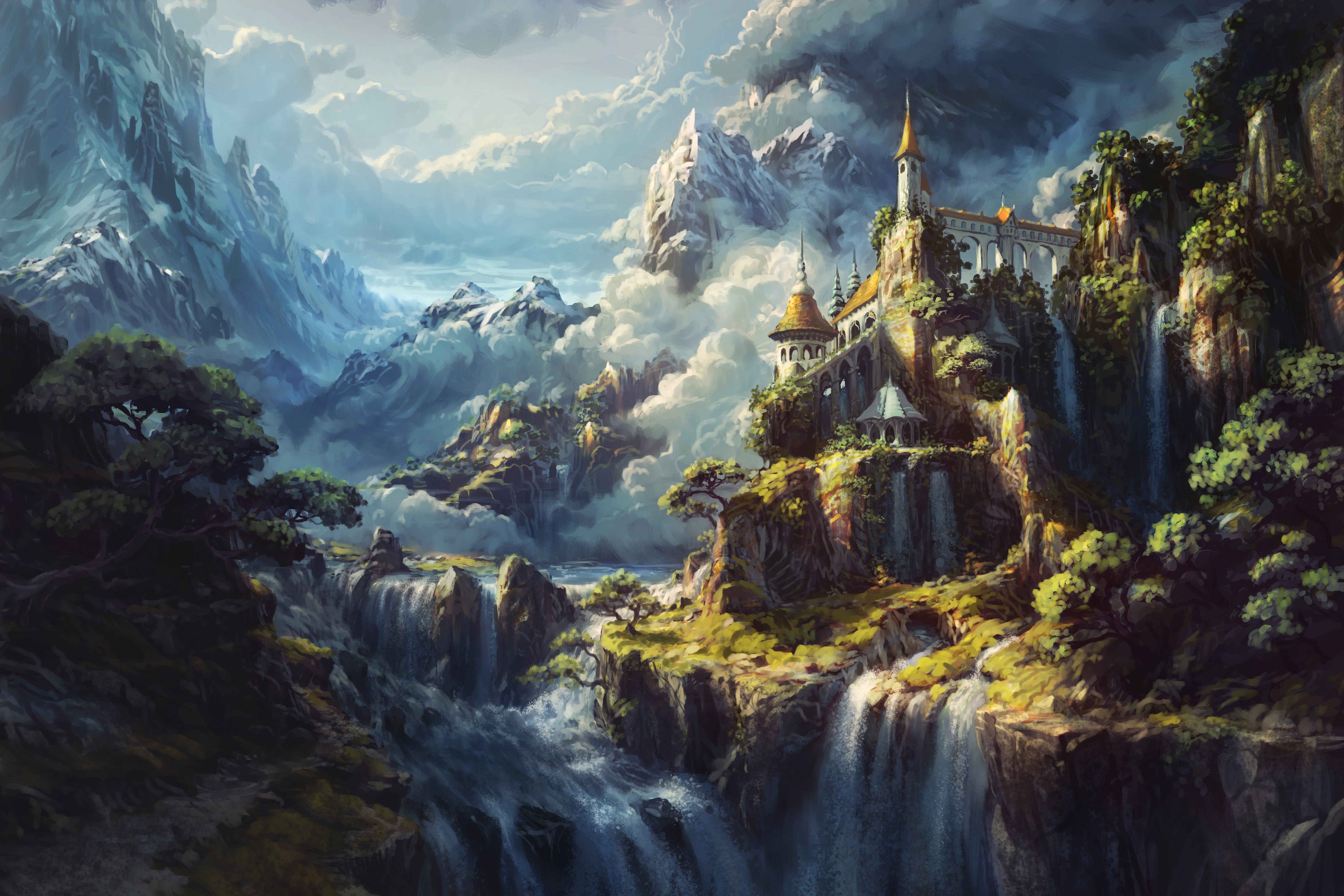 Free download wallpaper Fantasy, Castles, Mountain, Waterfall, Castle on your PC desktop