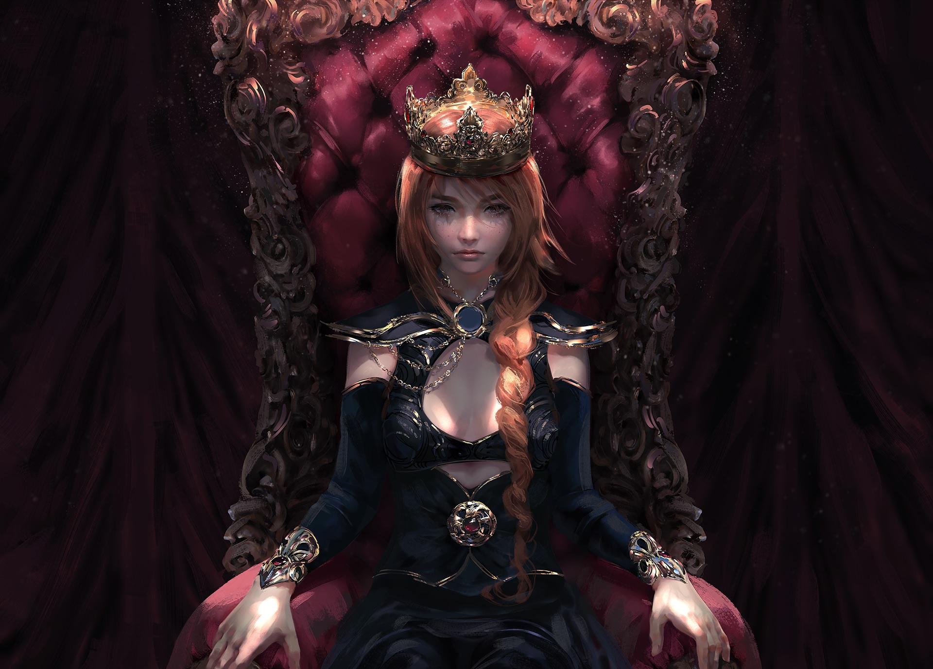 fantasy, women, braid, crown, princess, red hair, throne