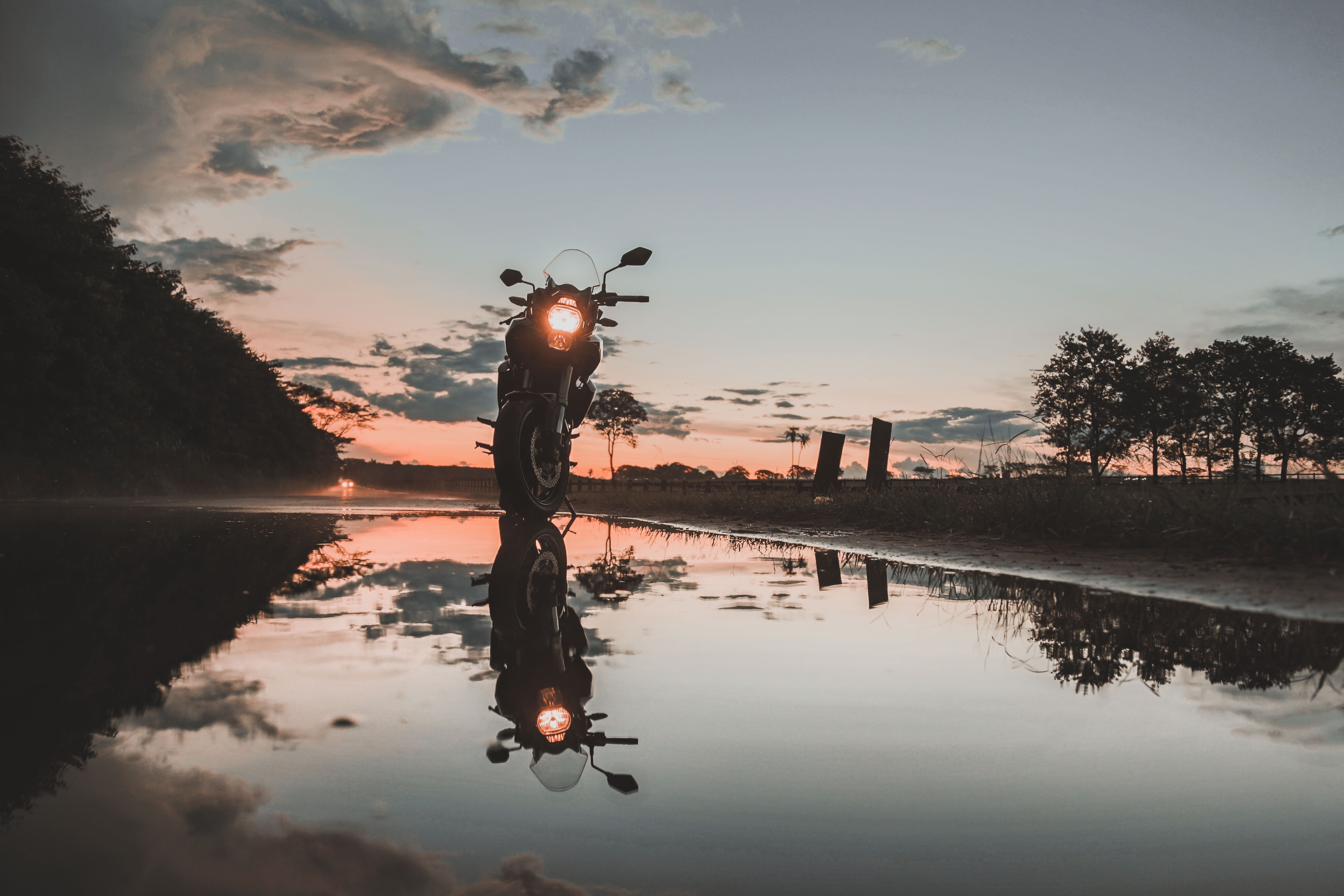 Free download wallpaper Sky, Reflection, Sunset, Water, Motorcycle, Motorcycles on your PC desktop