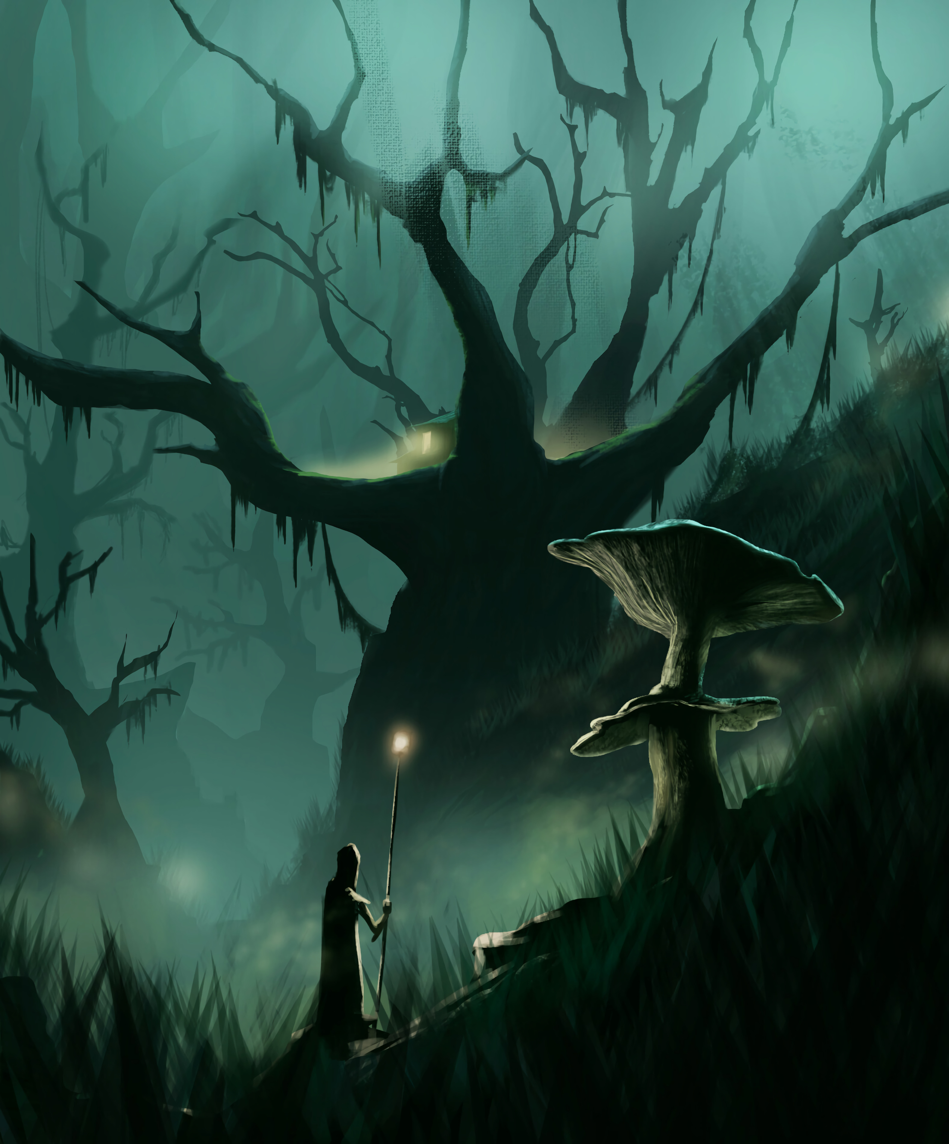 mushroom, art, silhouette, wood, tree, journey HD wallpaper