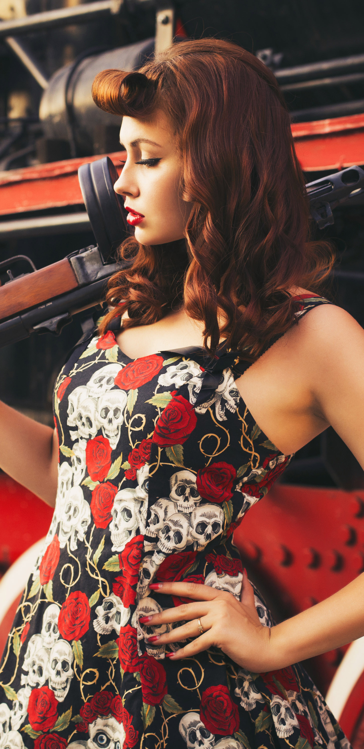 Download mobile wallpaper Redhead, Dress, Model, Women, Lipstick, Girls & Guns for free.