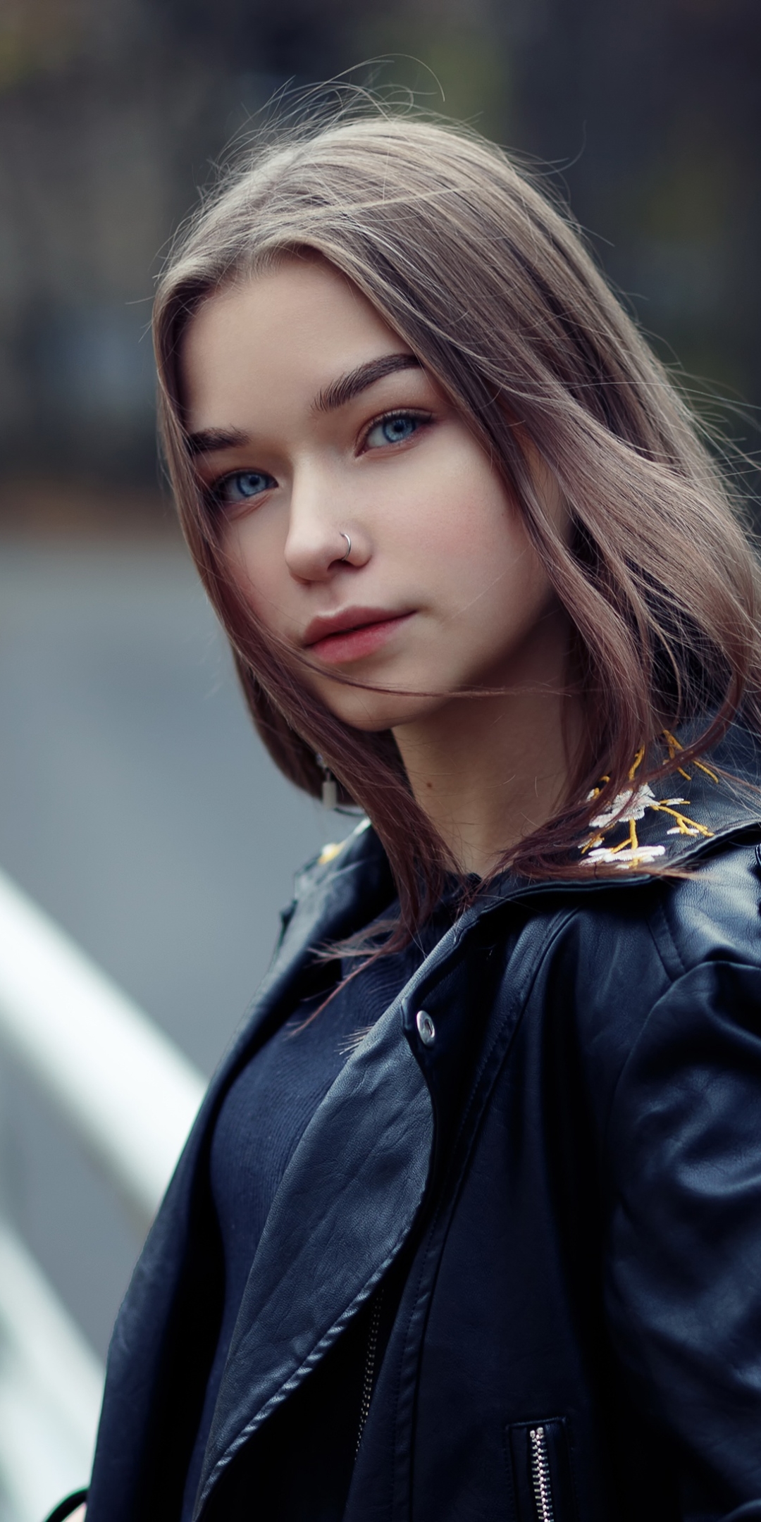 Download mobile wallpaper Brunette, Model, Women, Blue Eyes, Leather Jacket for free.