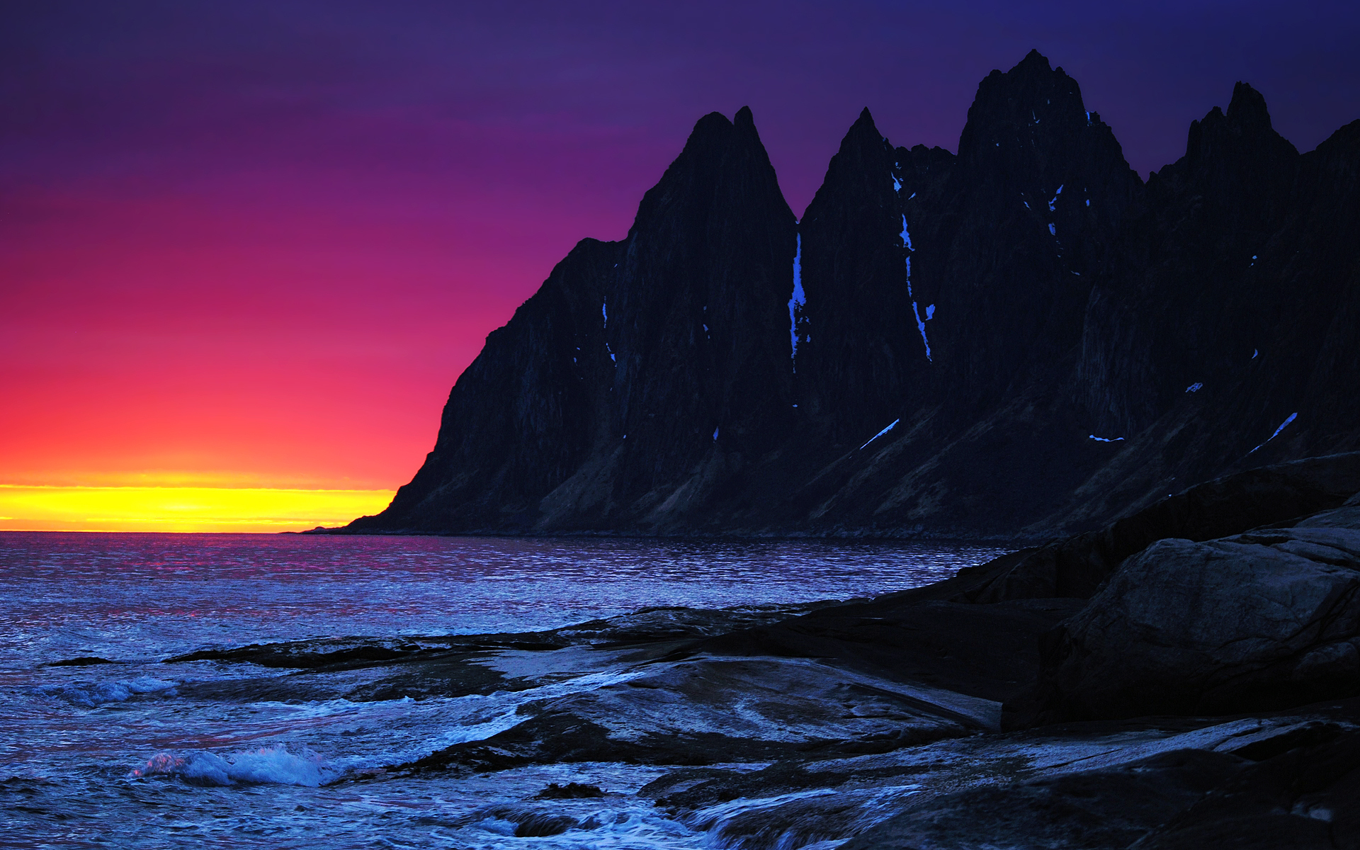 Download mobile wallpaper Sunset, Sky, Sea, Night, Mountain, Earth, Cliff, Wave for free.