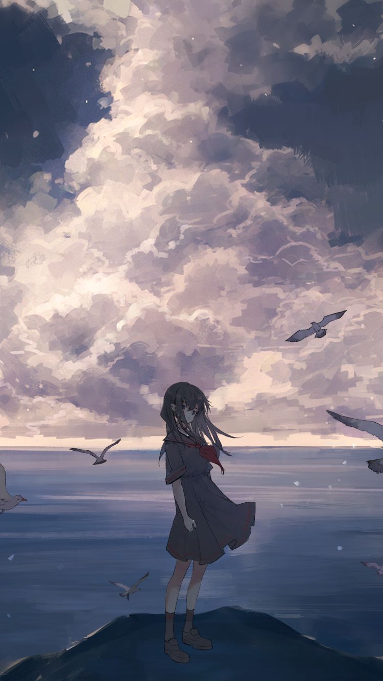 Download mobile wallpaper Anime, Sea, Bird, Cloud, Original, School Uniform, Long Hair for free.