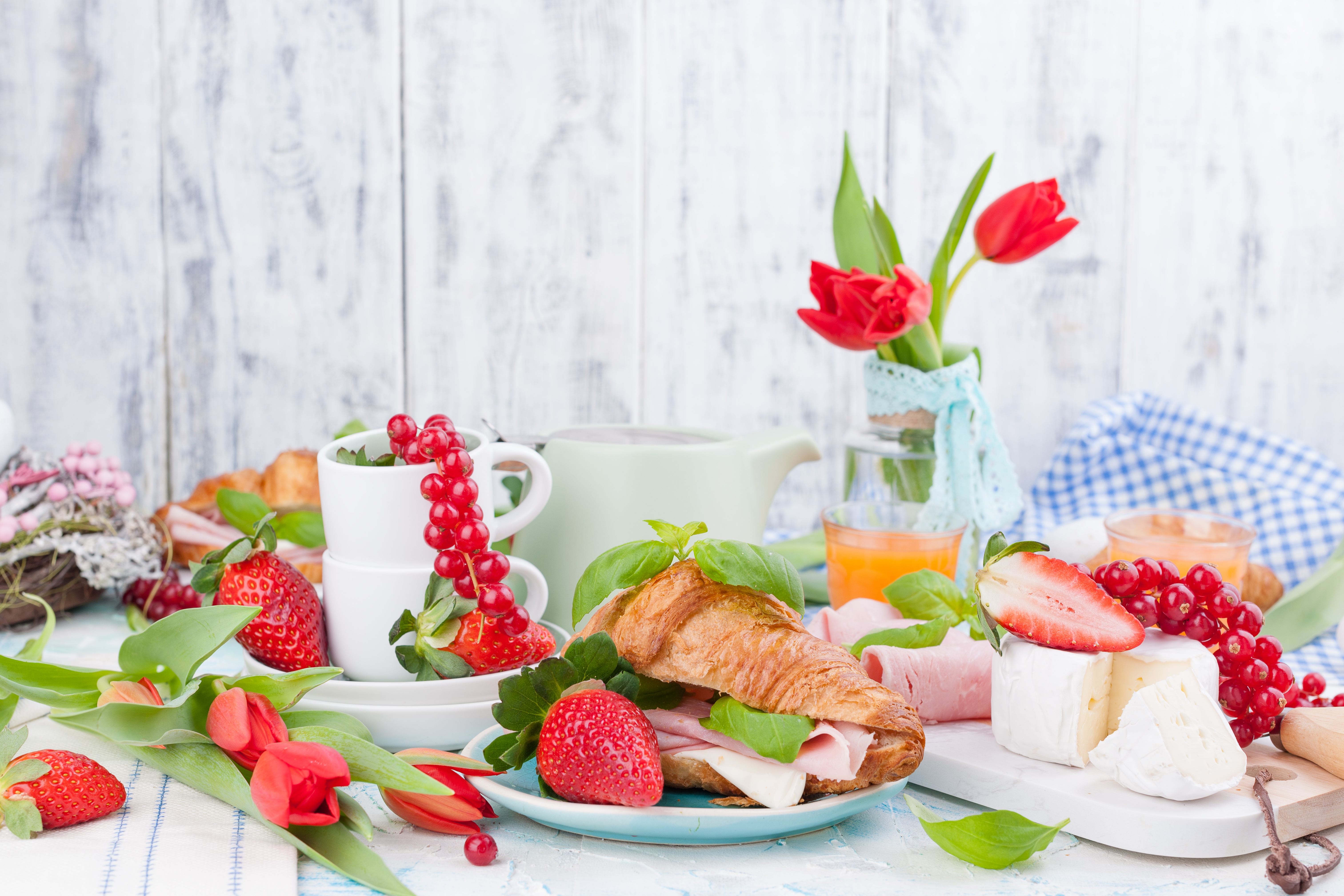 Download mobile wallpaper Food, Strawberry, Cheese, Still Life, Breakfast, Croissant for free.