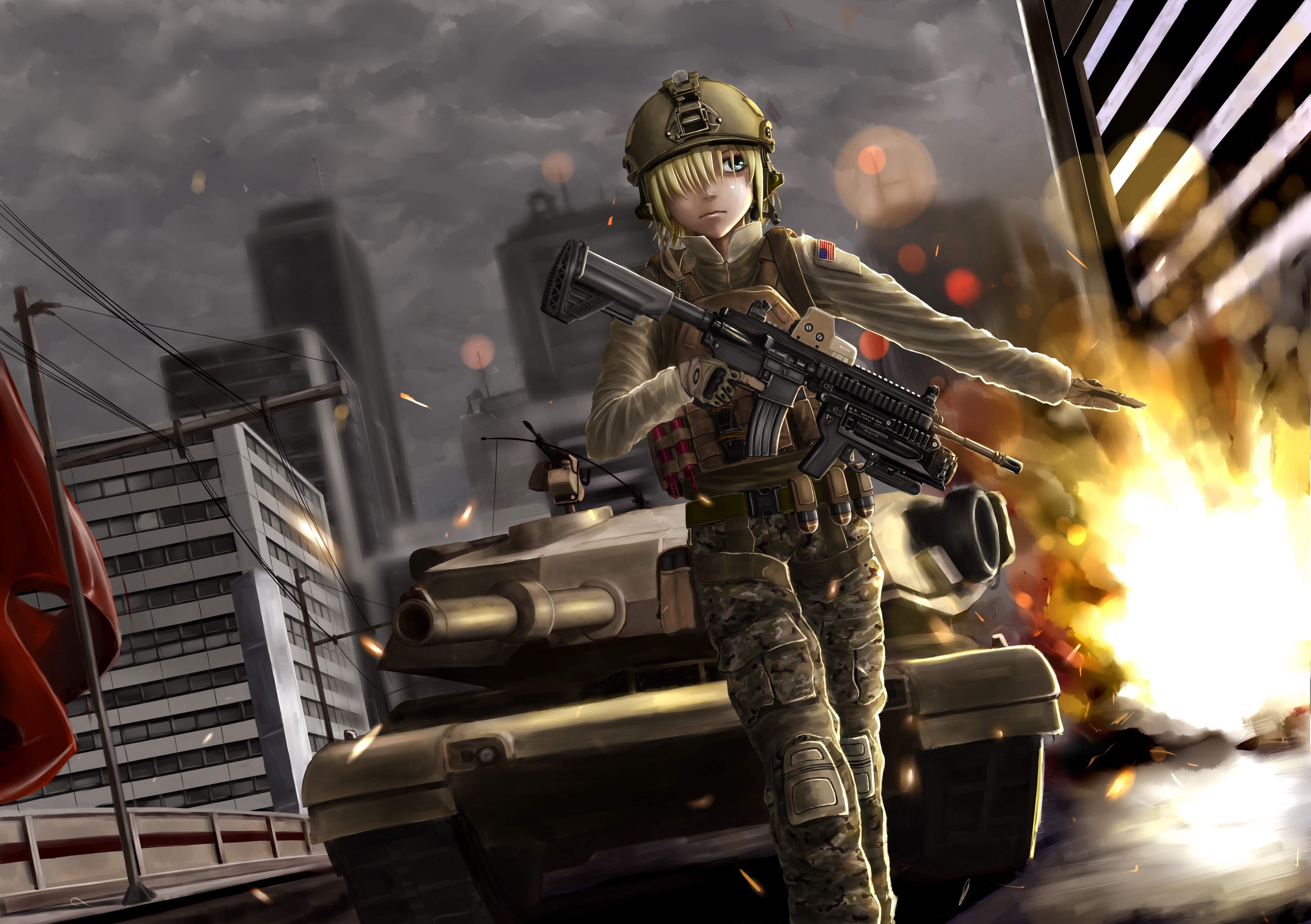 Free download wallpaper Anime, Weapon, Explosion, Military, Soldier, Tank, Assault Rifle on your PC desktop