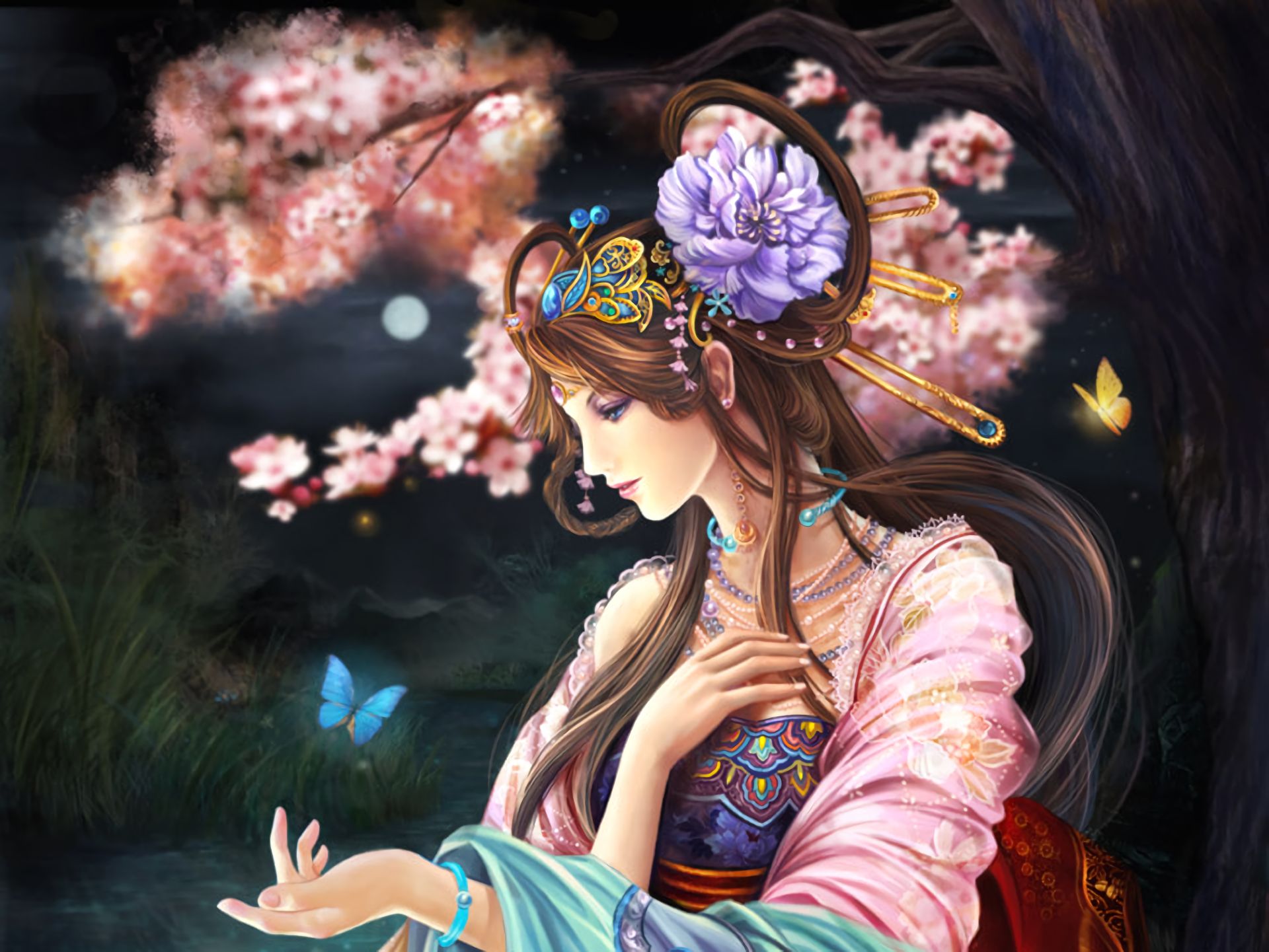 Download mobile wallpaper Fantasy, Flower, Forest, Tree, Butterfly, Women for free.