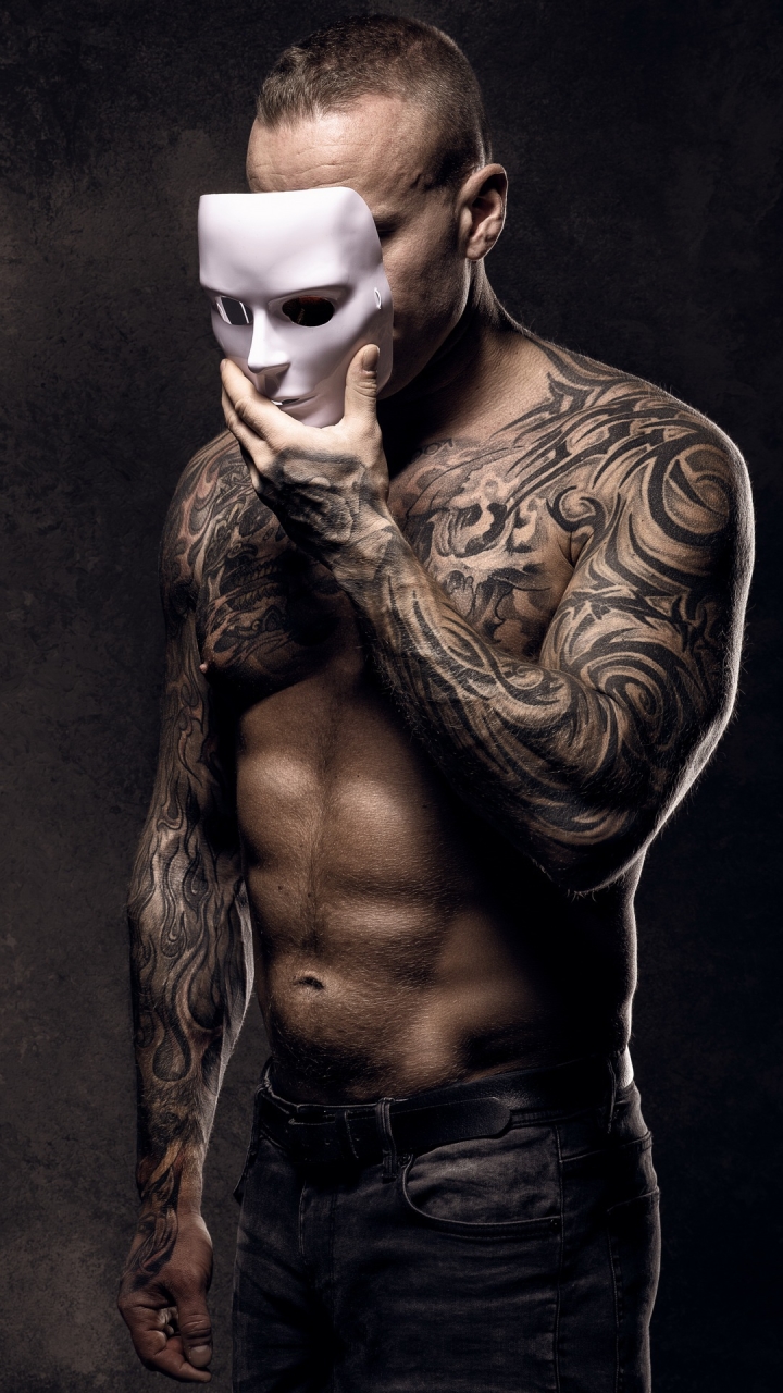 Download mobile wallpaper Men, Mask, Tattoo, Model for free.
