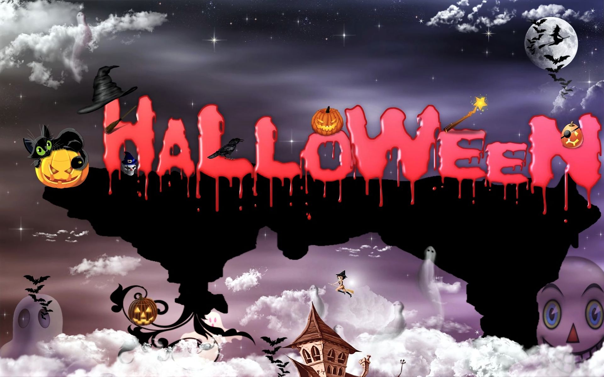 Free download wallpaper Halloween, Moon, Cat, Holiday, House, Bat, Jack O' Lantern on your PC desktop