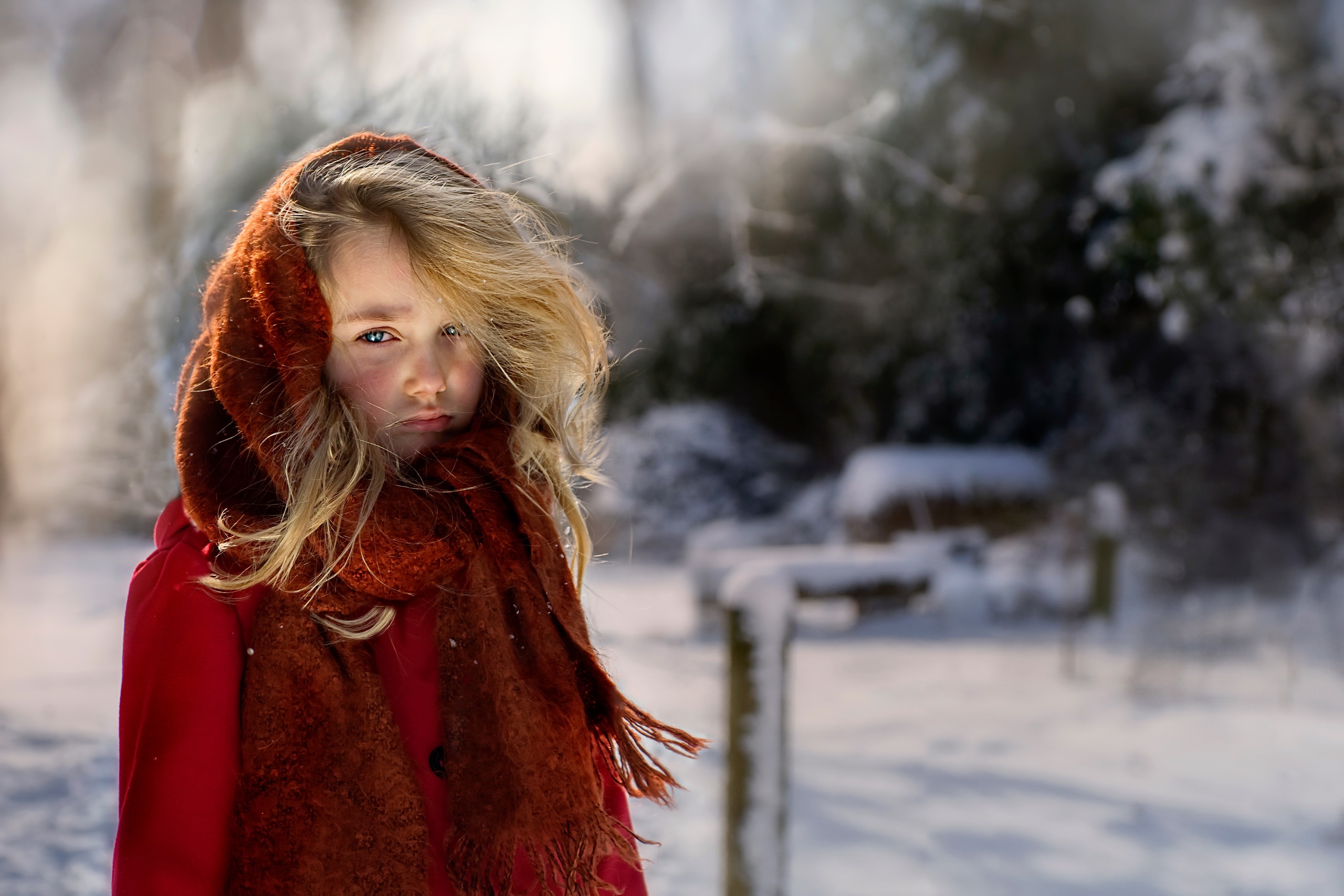 Download mobile wallpaper Winter, Child, Blonde, Photography, Scarf, Blue Eyes, Little Girl, Depth Of Field for free.