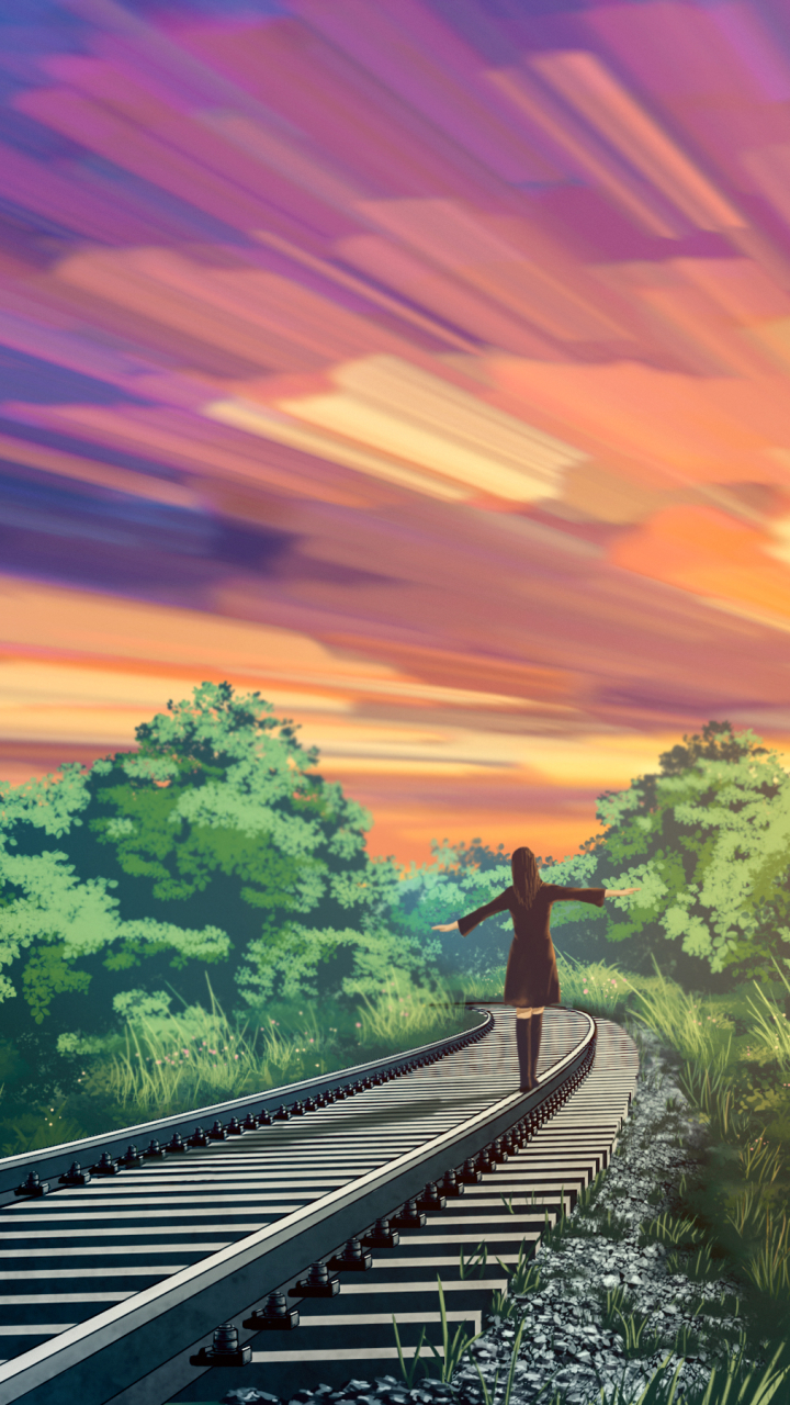 Handy-Wallpaper Eisenbahn, Sonnenuntergang, Animes kostenlos herunterladen.