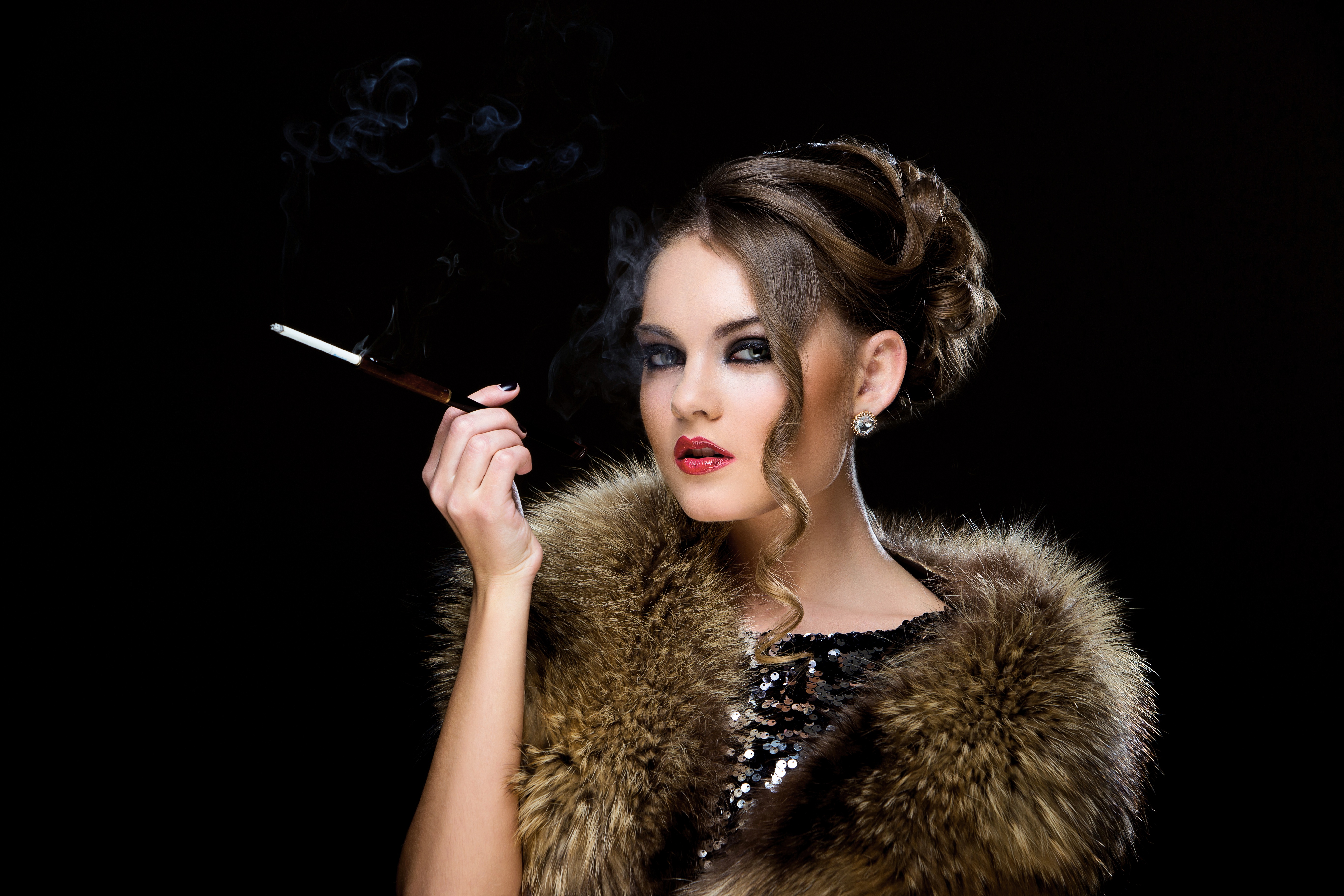 women, model, brunette, fur, lipstick, smoking lock screen backgrounds