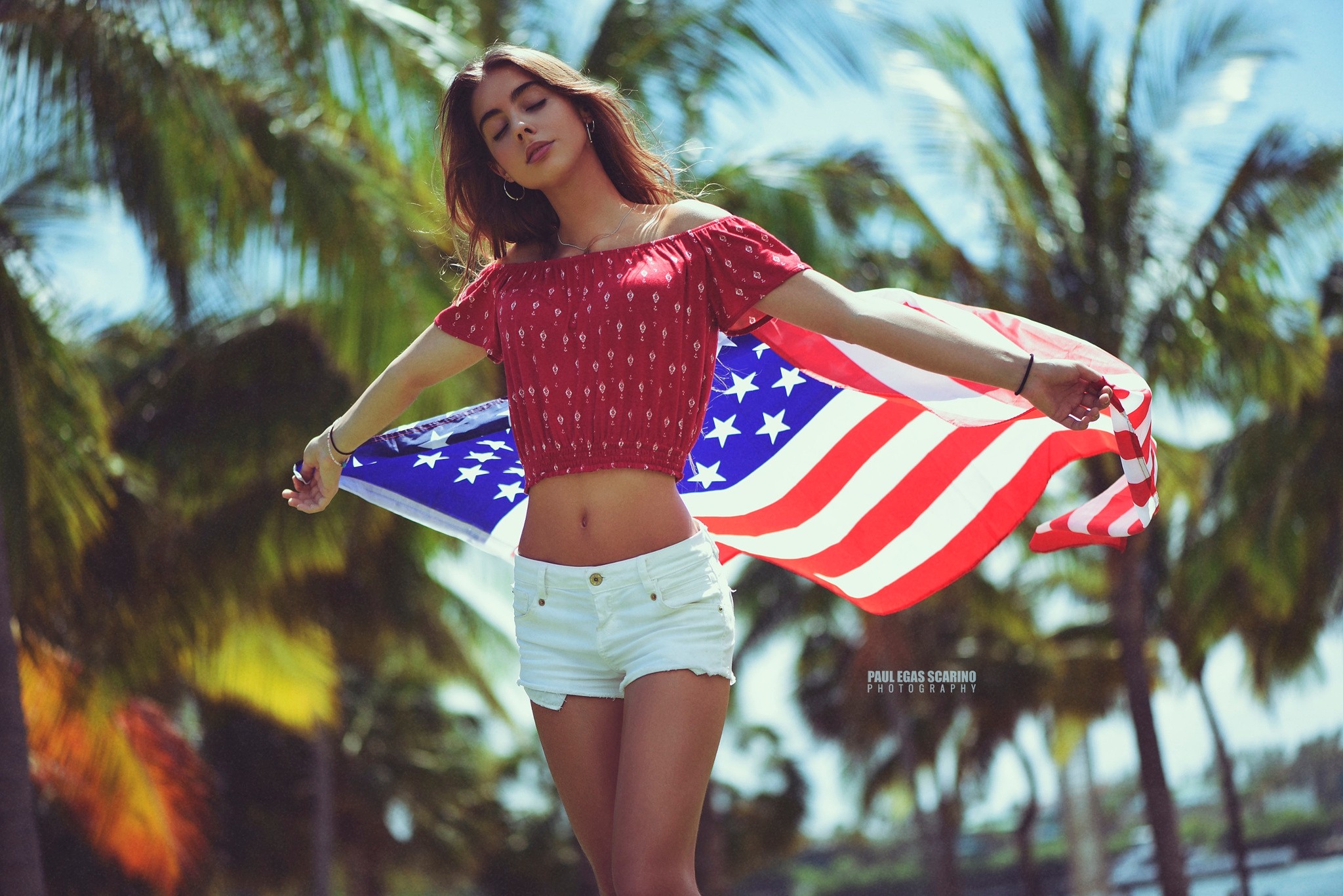 Download mobile wallpaper Flag, Brunette, Model, Women, Shorts, American Flag for free.