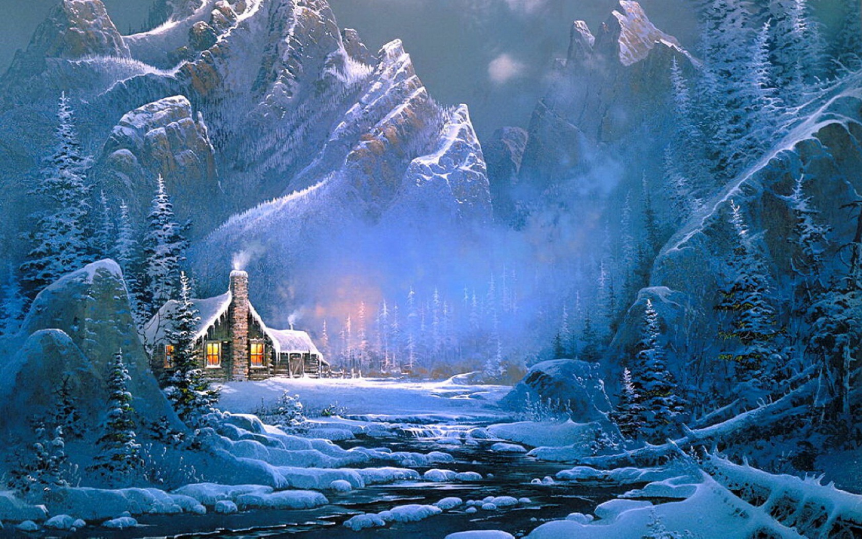 Free download wallpaper Winter, Snow, Mountain, Tree, House, Painting, Artistic on your PC desktop