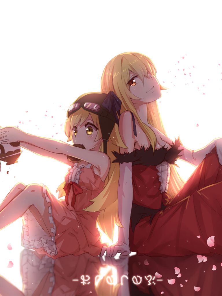 Handy-Wallpaper Blond, Kleid, Blondinen, Animes, Lange Haare, Monogatari (Serie), Rotes Kleid, Shinobu Oshino, Pinkes Kleid, Kiss Shot Acerola Orion Heart Under Blade kostenlos herunterladen.