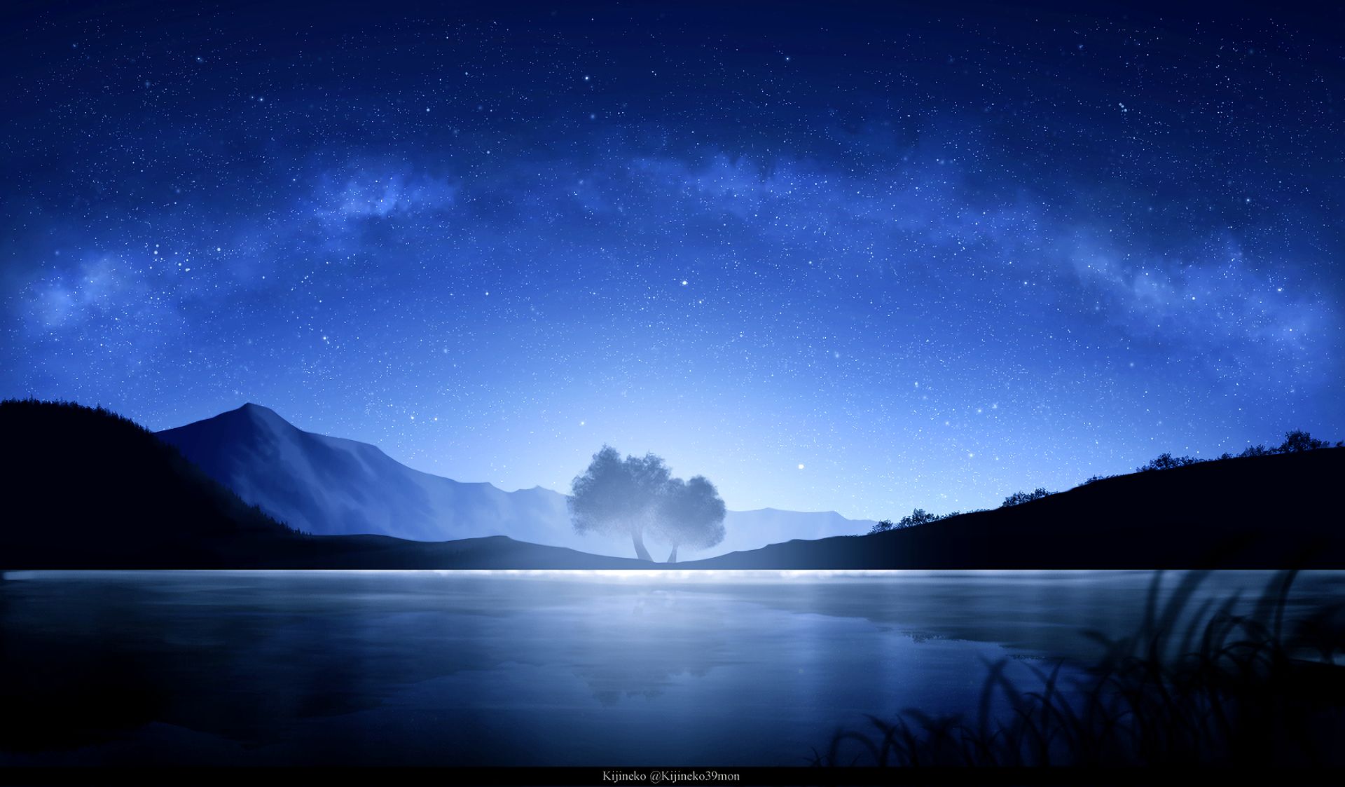 Free download wallpaper Anime, Stars, Night, Mountain, Lake, Original, Aurora Australis on your PC desktop