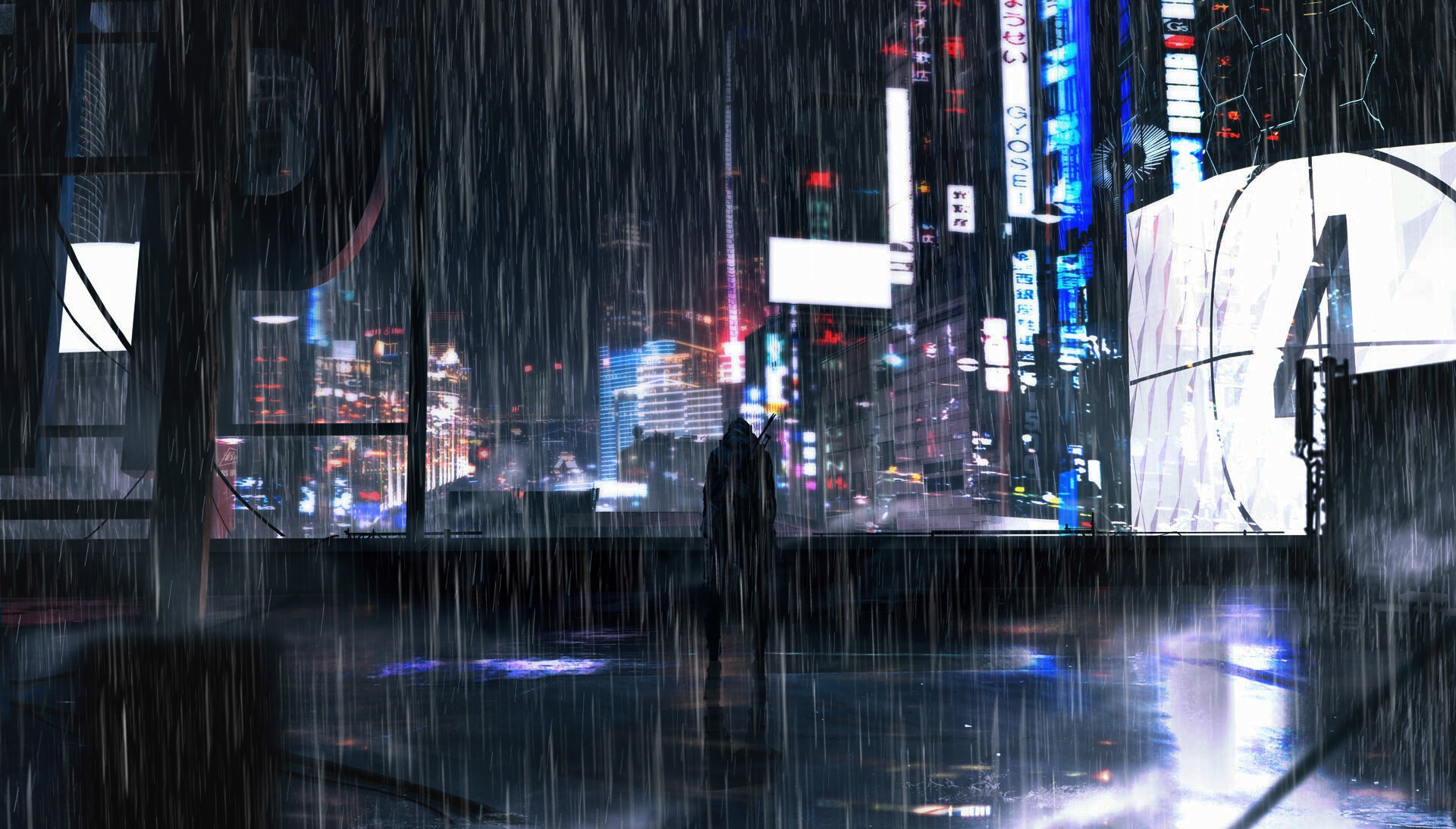 Laden Sie das Regen, Science Fiction, Nacht, Futuristisch, Großstadt-Bild kostenlos auf Ihren PC-Desktop herunter