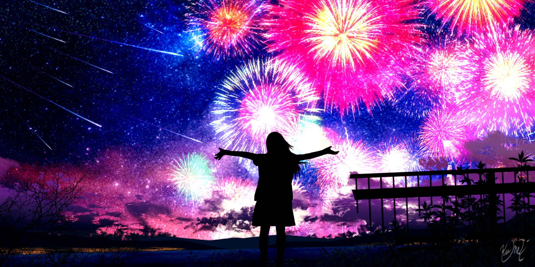 Download mobile wallpaper Anime, Starry Sky, Fireworks, Shooting Star for free.
