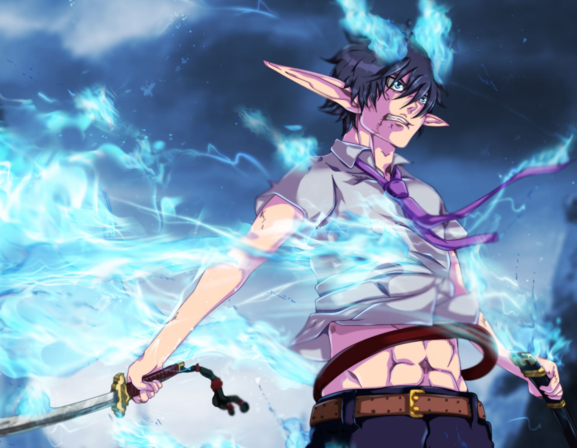 Free download wallpaper Anime, Fire, Tie, Black Hair, Pointed Ears, Blue Exorcist, Rin Okumura, Ao No Exorcist on your PC desktop